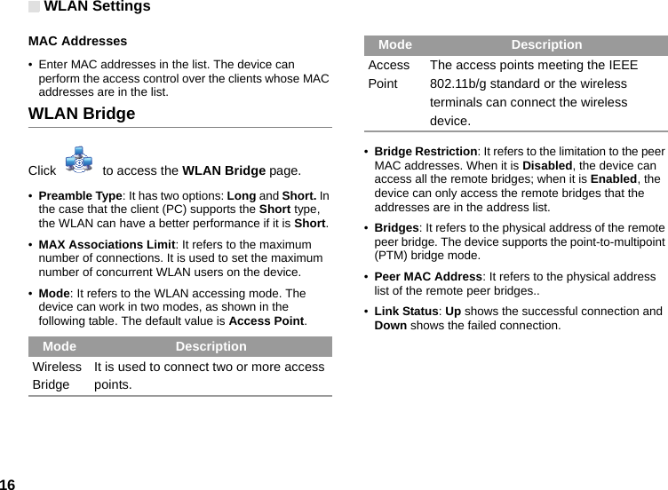 WLAN Settings16MAC Addresses• Enter MAC addresses in the list. The device can perform the access control over the clients whose MAC addresses are in the list.WLAN BridgeClick    to access the WLAN Bridge page.•Preamble Type: It has two options: Long and Short. In the case that the client (PC) supports the Short type, the WLAN can have a better performance if it is Short.•MAX Associations Limit: It refers to the maximum number of connections. It is used to set the maximum number of concurrent WLAN users on the device.•Mode: It refers to the WLAN accessing mode. The device can work in two modes, as shown in the following table. The default value is Access Point.•Bridge Restriction: It refers to the limitation to the peer MAC addresses. When it is Disabled, the device can access all the remote bridges; when it is Enabled, the device can only access the remote bridges that the addresses are in the address list.•Bridges: It refers to the physical address of the remote peer bridge. The device supports the point-to-multipoint (PTM) bridge mode.•Peer MAC Address: It refers to the physical address list of the remote peer bridges..•Link Status: Up shows the successful connection and Down shows the failed connection.Mode DescriptionWireless BridgeIt is used to connect two or more access points.Access PointThe access points meeting the IEEE 802.11b/g standard or the wireless terminals can connect the wireless device.Mode Description