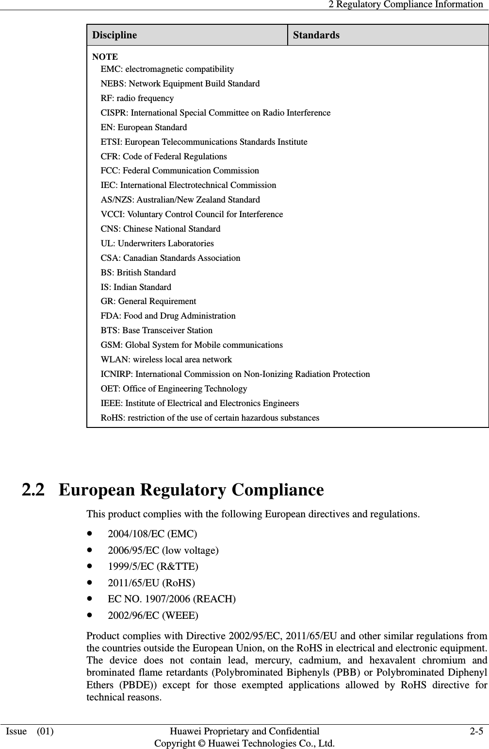   2 Regulatory Compliance Information   Issue    (01)  Huawei Proprietary and Confidential                                     Copyright © Huawei Technologies Co., Ltd.  2-5  Discipline  Standards NOTE EMC: electromagnetic compatibility NEBS: Network Equipment Build Standard RF: radio frequency CISPR: International Special Committee on Radio Interference EN: European Standard ETSI: European Telecommunications Standards Institute CFR: Code of Federal Regulations FCC: Federal Communication Commission IEC: International Electrotechnical Commission AS/NZS: Australian/New Zealand Standard VCCI: Voluntary Control Council for Interference CNS: Chinese National Standard UL: Underwriters Laboratories CSA: Canadian Standards Association BS: British Standard IS: Indian Standard GR: General Requirement FDA: Food and Drug Administration BTS: Base Transceiver Station GSM: Global System for Mobile communications WLAN: wireless local area network ICNIRP: International Commission on Non-Ionizing Radiation Protection OET: Office of Engineering Technology IEEE: Institute of Electrical and Electronics Engineers RoHS: restriction of the use of certain hazardous substances  2.2   European Regulatory Compliance This product complies with the following European directives and regulations.  2004/108/EC (EMC)  2006/95/EC (low voltage)  1999/5/EC (R&amp;TTE)  2011/65/EU (RoHS)  EC NO. 1907/2006 (REACH)  2002/96/EC (WEEE) Product complies with Directive 2002/95/EC, 2011/65/EU and other similar regulations from the countries outside the European Union, on the RoHS in electrical and electronic equipment. The  device  does  not  contain  lead,  mercury,  cadmium,  and  hexavalent  chromium  and brominated flame retardants (Polybrominated Biphenyls (PBB) or Polybrominated Diphenyl Ethers  (PBDE))  except  for  those  exempted  applications  allowed  by  RoHS  directive  for technical reasons.   