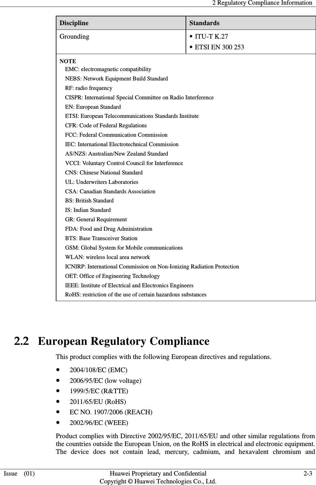    2 Regulatory Compliance Information  Issue  (01)  Huawei Proprietary and Confidential     Copyright © Huawei Technologies Co., Ltd. 2-3 Discipline  Standards Grounding  z ITU-T K.27 z ETSI EN 300 253 NOTE EMC: electromagnetic compatibility NEBS: Network Equipment Build Standard RF: radio frequency CISPR: International Special Committee on Radio Interference EN: European Standard ETSI: European Telecommunications Standards Institute CFR: Code of Federal Regulations FCC: Federal Communication Commission IEC: International Electrotechnical Commission AS/NZS: Australian/New Zealand Standard VCCI: Voluntary Control Council for Interference CNS: Chinese National Standard UL: Underwriters Laboratories CSA: Canadian Standards Association BS: British Standard IS: Indian Standard GR: General Requirement FDA: Food and Drug Administration BTS: Base Transceiver Station GSM: Global System for Mobile communications WLAN: wireless local area network ICNIRP: International Commission on Non-Ionizing Radiation Protection OET: Office of Engineering Technology IEEE: Institute of Electrical and Electronics Engineers RoHS: restriction of the use of certain hazardous substances  2.2   European Regulatory Compliance This product complies with the following European directives and regulations. z 2004/108/EC (EMC) z 2006/95/EC (low voltage) z 1999/5/EC (R&amp;TTE) z 2011/65/EU (RoHS) z EC NO. 1907/2006 (REACH) z 2002/96/EC (WEEE) Product complies with Directive 2002/95/EC, 2011/65/EU and other similar regulations from the countries outside the European Union, on the RoHS in electrical and electronic equipment. The device does not contain lead, mercury, cadmium, and hexavalent chromium and 