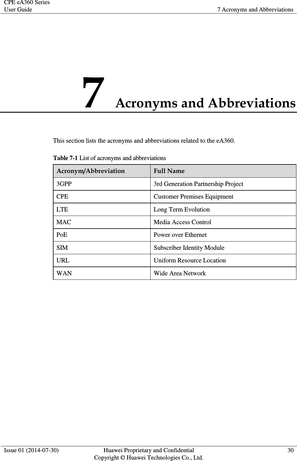 CPE eA360 Series User Guide 7 Acronyms and Abbreviations  Issue 01 (2014-07-30) Huawei Proprietary and Confidential                                     Copyright © Huawei Technologies Co., Ltd. 30  7 Acronyms and Abbreviations This section lists the acronyms and abbreviations related to the eA360. Table 7-1 List of acronyms and abbreviations Acronym/Abbreviation Full Name 3GPP 3rd Generation Partnership Project CPE Customer Premises Equipment LTE Long Term Evolution MAC Media Access Control PoE Power over Ethernet SIM Subscriber Identity Module URL Uniform Resource Location WAN Wide Area Network  