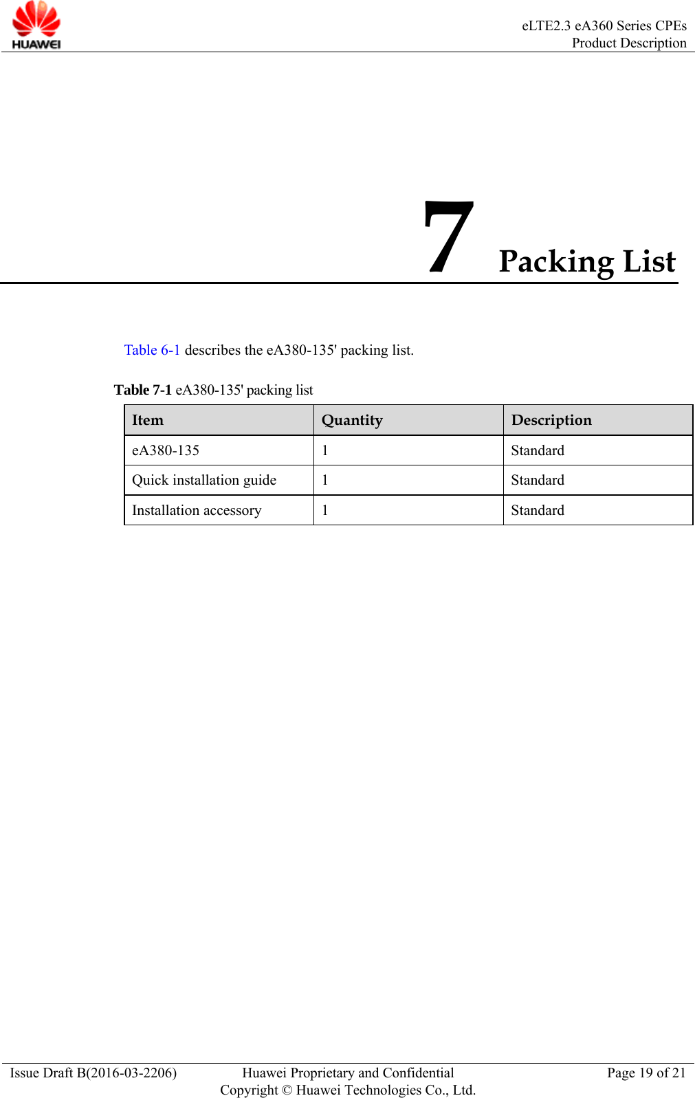  eLTE2.3 eA360 Series CPEsProduct Description Issue Draft B(2016-03-2206)  Huawei Proprietary and Confidential Copyright © Huawei Technologies Co., Ltd.Page 19 of 21 7 Packing List Table 6-1 describes the eA380-135&apos; packing list. Table 7-1 eA380-135&apos; packing list Item  Quantity  Description eA380-135 1  Standard Quick installation guide  1  Standard Installation accessory  1  Standard   