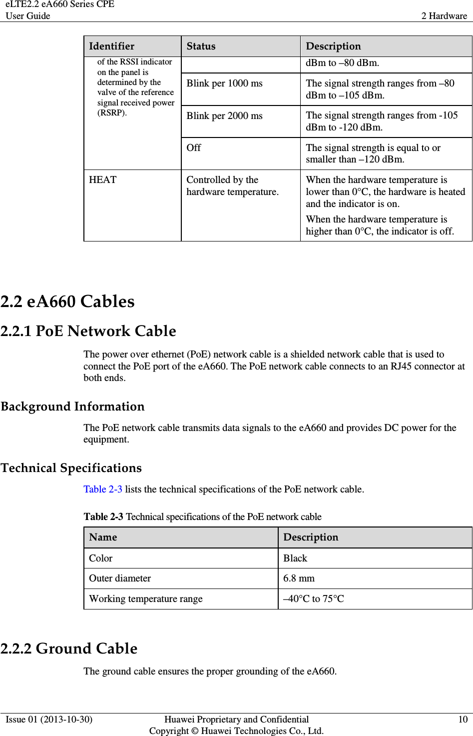 eLTE2.2 eA660 Series CPE User Guide  2 Hardware  Issue 01 (2013-10-30)  Huawei Proprietary and Confidential                                     Copyright © Huawei Technologies Co., Ltd. 10  Identifier  Status  Description of the RSSI indicator on the panel is determined by the valve of the reference signal received power (RSRP). dBm to –80 dBm. Blink per 1000 ms  The signal strength ranges from –80 dBm to –105 dBm. Blink per 2000 ms  The signal strength ranges from -105 dBm to -120 dBm. Off  The signal strength is equal to or smaller than –120 dBm.   HEAT  Controlled by the hardware temperature. When the hardware temperature is lower than 0°C, the hardware is heated and the indicator is on.   When the hardware temperature is higher than 0°C, the indicator is off.  2.2 eA660 Cables 2.2.1 PoE Network Cable The power over ethernet (PoE) network cable is a shielded network cable that is used to connect the PoE port of the eA660. The PoE network cable connects to an RJ45 connector at both ends. Background Information The PoE network cable transmits data signals to the eA660 and provides DC power for the equipment. Technical Specifications Table 2-3 lists the technical specifications of the PoE network cable. Table 2-3 Technical specifications of the PoE network cable Name  Description Color  Black Outer diameter  6.8 mm Working temperature range  –40°C to 75°C  2.2.2 Ground Cable The ground cable ensures the proper grounding of the eA660. 