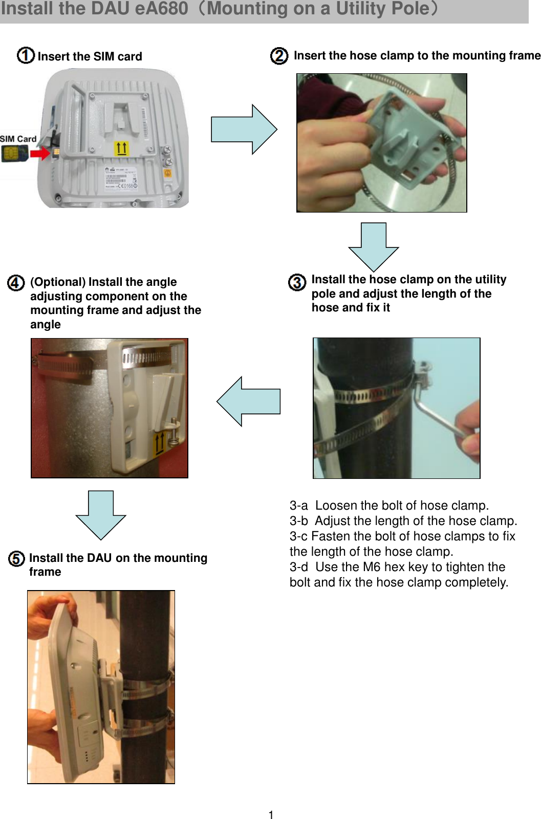 Install the DAU eA680（Mounting on a Utility Pole）Insert the SIM card Insert the hose clamp to the mounting frame13-a  Loosen the bolt of hose clamp.3-b  Adjust the length of the hose clamp.3-c Fasten the bolt of hose clamps to fix the length of the hose clamp.3-d  Use the M6 hex key to tighten the bolt and fix the hose clamp completely.Install the hose clamp on the utility pole and adjust the length of the hose and fix it(Optional) Install the angle adjusting component on the mounting frame and adjust the angleInstall the DAU on the mounting frame