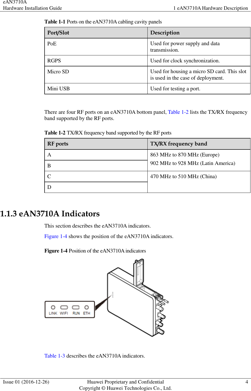 eAN3710A Hardware Installation Guide 1 eAN3710A Hardware Description  Issue 01 (2016-12-26) Huawei Proprietary and Confidential                                     Copyright © Huawei Technologies Co., Ltd. 4  Table 1-1 Ports on the eAN3710A cabling cavity panels Port/Slot Description PoE Used for power supply and data transmission. RGPS Used for clock synchronization. Micro SD Used for housing a micro SD card. This slot is used in the case of deployment. Mini USB Used for testing a port.  There are four RF ports on an eAN3710A bottom panel, Table 1-2 lists the TX/RX frequency band supported by the RF ports. Table 1-2 TX/RX frequency band supported by the RF ports RF ports TX/RX frequency band A 863 MHz to 870 MHz (Europe) 902 MHz to 928 MHz (Latin America) B C 470 MHz to 510 MHz (China) D  1.1.3 eAN3710A Indicators This section describes the eAN3710A indicators.   Figure 1-4 shows the position of the eAN3710A indicators. Figure 1-4 Position of the eAN3710A indicators   Table 1-3 describes the eAN3710A indicators. 