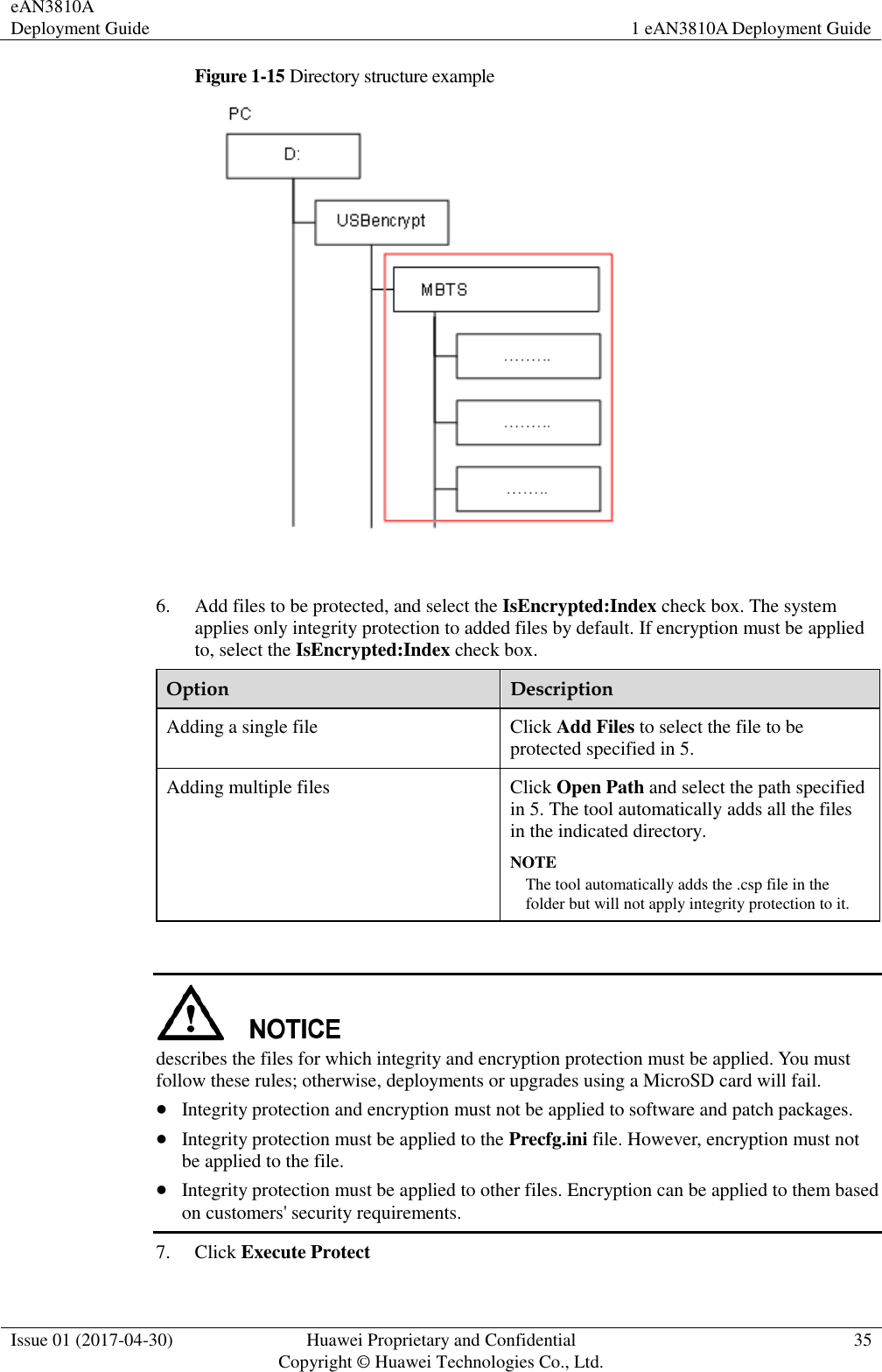 eAN3810A Deployment Guide 1 eAN3810A Deployment Guide  Issue 01 (2017-04-30) Huawei Proprietary and Confidential                                     Copyright © Huawei Technologies Co., Ltd. 35  Figure 1-15 Directory structure example   6. Add files to be protected, and select the IsEncrypted:Index check box. The system applies only integrity protection to added files by default. If encryption must be applied to, select the IsEncrypted:Index check box. Option Description Adding a single file Click Add Files to select the file to be protected specified in 5. Adding multiple files Click Open Path and select the path specified in 5. The tool automatically adds all the files in the indicated directory. NOTE The tool automatically adds the .csp file in the folder but will not apply integrity protection to it.   describes the files for which integrity and encryption protection must be applied. You must follow these rules; otherwise, deployments or upgrades using a MicroSD card will fail.  Integrity protection and encryption must not be applied to software and patch packages.  Integrity protection must be applied to the Precfg.ini file. However, encryption must not be applied to the file.  Integrity protection must be applied to other files. Encryption can be applied to them based on customers&apos; security requirements. 7. Click Execute Protect 