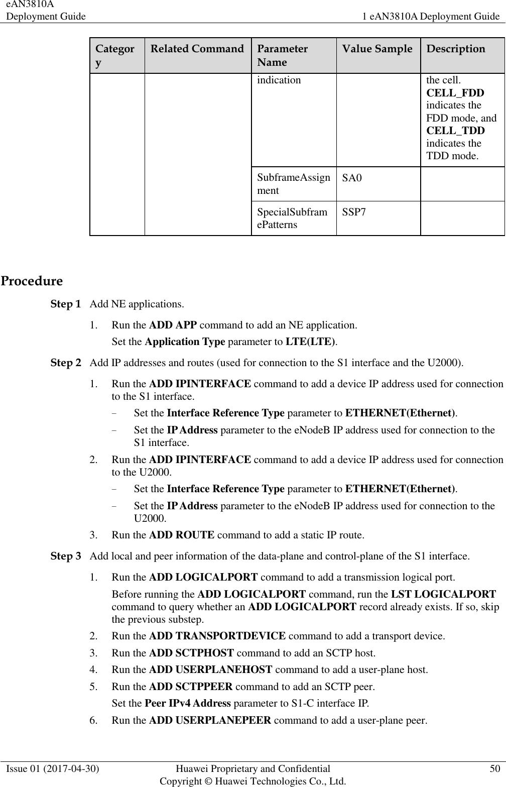 eAN3810A Deployment Guide 1 eAN3810A Deployment Guide  Issue 01 (2017-04-30) Huawei Proprietary and Confidential                                     Copyright © Huawei Technologies Co., Ltd. 50  Category Related Command Parameter Name Value Sample Description indication the cell. CELL_FDD indicates the FDD mode, and CELL_TDD indicates the TDD mode. SubframeAssignment SA0  SpecialSubframePatterns SSP7   Procedure Step 1 Add NE applications. 1. Run the ADD APP command to add an NE application. Set the Application Type parameter to LTE(LTE). Step 2 Add IP addresses and routes (used for connection to the S1 interface and the U2000). 1. Run the ADD IPINTERFACE command to add a device IP address used for connection to the S1 interface. − Set the Interface Reference Type parameter to ETHERNET(Ethernet). − Set the IP Address parameter to the eNodeB IP address used for connection to the S1 interface. 2. Run the ADD IPINTERFACE command to add a device IP address used for connection to the U2000. − Set the Interface Reference Type parameter to ETHERNET(Ethernet). − Set the IP Address parameter to the eNodeB IP address used for connection to the U2000. 3. Run the ADD ROUTE command to add a static IP route. Step 3 Add local and peer information of the data-plane and control-plane of the S1 interface. 1. Run the ADD LOGICALPORT command to add a transmission logical port. Before running the ADD LOGICALPORT command, run the LST LOGICALPORT command to query whether an ADD LOGICALPORT record already exists. If so, skip the previous substep. 2. Run the ADD TRANSPORTDEVICE command to add a transport device. 3. Run the ADD SCTPHOST command to add an SCTP host. 4. Run the ADD USERPLANEHOST command to add a user-plane host. 5. Run the ADD SCTPPEER command to add an SCTP peer. Set the Peer IPv4 Address parameter to S1-C interface IP. 6. Run the ADD USERPLANEPEER command to add a user-plane peer. 