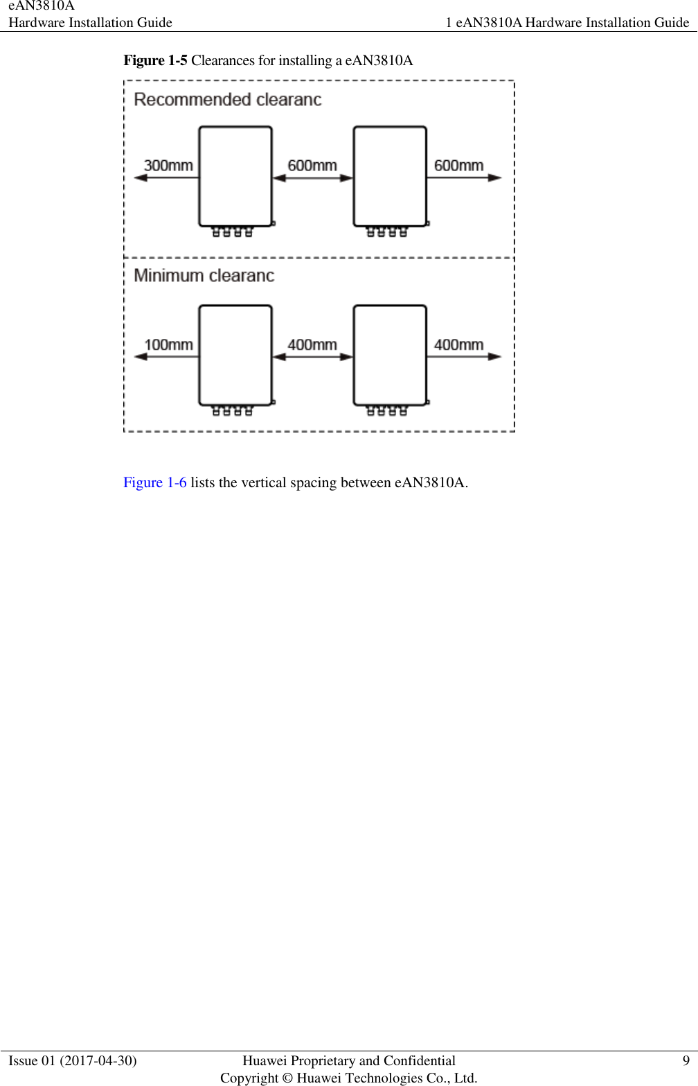 eAN3810A   Hardware Installation Guide 1 eAN3810A Hardware Installation Guide  Issue 01 (2017-04-30) Huawei Proprietary and Confidential                                     Copyright © Huawei Technologies Co., Ltd. 9  Figure 1-5 Clearances for installing a eAN3810A   Figure 1-6 lists the vertical spacing between eAN3810A. 