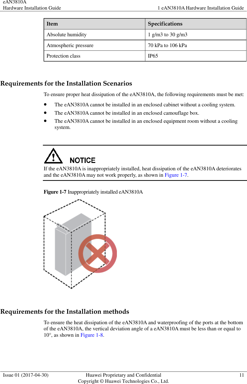 eAN3810A   Hardware Installation Guide 1 eAN3810A Hardware Installation Guide  Issue 01 (2017-04-30) Huawei Proprietary and Confidential                                     Copyright © Huawei Technologies Co., Ltd. 11  Item Specifications Absolute humidity 1 g/m3 to 30 g/m3 Atmospheric pressure 70 kPa to 106 kPa Protection class IP65  Requirements for the Installation Scenarios To ensure proper heat dissipation of the eAN3810A, the following requirements must be met:    The eAN3810A cannot be installed in an enclosed cabinet without a cooling system.  The eAN3810A cannot be installed in an enclosed camouflage box.  The eAN3810A cannot be installed in an enclosed equipment room without a cooling system.   If the eAN3810A is inappropriately installed, heat dissipation of the eAN3810A deteriorates and the eAN3810A may not work properly, as shown in Figure 1-7. Figure 1-7 Inappropriately installed eAN3810A   Requirements for the Installation methods To ensure the heat dissipation of the eAN3810A and waterproofing of the ports at the bottom of the eAN3810A, the vertical deviation angle of a eAN3810A must be less than or equal to 10°, as shown in Figure 1-8. 