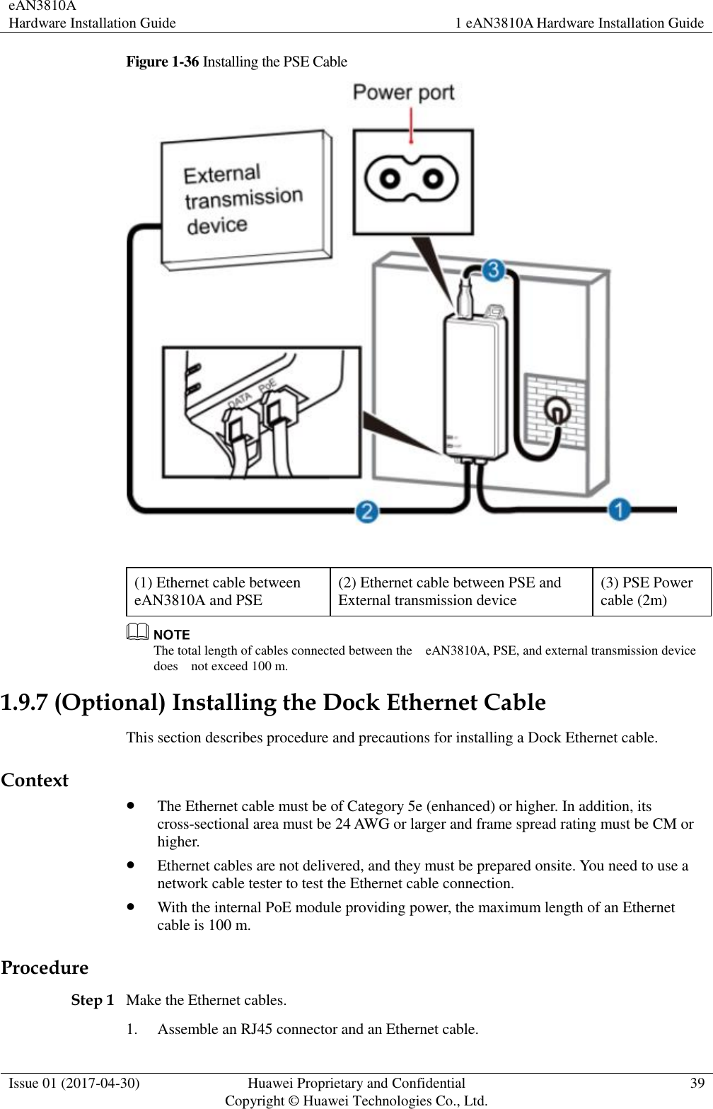 eAN3810A   Hardware Installation Guide 1 eAN3810A Hardware Installation Guide  Issue 01 (2017-04-30) Huawei Proprietary and Confidential                                     Copyright © Huawei Technologies Co., Ltd. 39  Figure 1-36 Installing the PSE Cable   (1) Ethernet cable between eAN3810A and PSE   (2) Ethernet cable between PSE and External transmission device   (3) PSE Power cable (2m)    The total length of cables connected between the    eAN3810A, PSE, and external transmission device does    not exceed 100 m.   1.9.7 (Optional) Installing the Dock Ethernet Cable This section describes procedure and precautions for installing a Dock Ethernet cable. Context  The Ethernet cable must be of Category 5e (enhanced) or higher. In addition, its cross-sectional area must be 24 AWG or larger and frame spread rating must be CM or higher.  Ethernet cables are not delivered, and they must be prepared onsite. You need to use a network cable tester to test the Ethernet cable connection.  With the internal PoE module providing power, the maximum length of an Ethernet cable is 100 m. Procedure Step 1 Make the Ethernet cables. 1. Assemble an RJ45 connector and an Ethernet cable. 