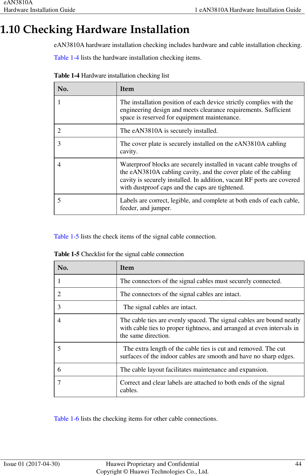 eAN3810A   Hardware Installation Guide 1 eAN3810A Hardware Installation Guide  Issue 01 (2017-04-30) Huawei Proprietary and Confidential                                     Copyright © Huawei Technologies Co., Ltd. 44  1.10 Checking Hardware Installation eAN3810A hardware installation checking includes hardware and cable installation checking.   Table 1-4 lists the hardware installation checking items. Table 1-4 Hardware installation checking list No. Item 1 The installation position of each device strictly complies with the engineering design and meets clearance requirements. Sufficient space is reserved for equipment maintenance. 2 The eAN3810A is securely installed. 3 The cover plate is securely installed on the eAN3810A cabling cavity. 4 Waterproof blocks are securely installed in vacant cable troughs of the eAN3810A cabling cavity, and the cover plate of the cabling cavity is securely installed. In addition, vacant RF ports are covered with dustproof caps and the caps are tightened. 5 Labels are correct, legible, and complete at both ends of each cable, feeder, and jumper.  Table 1-5 lists the check items of the signal cable connection. Table 1-5 Checklist for the signal cable connection No. Item 1 The connectors of the signal cables must securely connected. 2 The connectors of the signal cables are intact. 3   The signal cables are intact. 4 The cable ties are evenly spaced. The signal cables are bound neatly with cable ties to proper tightness, and arranged at even intervals in the same direction. 5   The extra length of the cable ties is cut and removed. The cut surfaces of the indoor cables are smooth and have no sharp edges. 6 The cable layout facilitates maintenance and expansion. 7 Correct and clear labels are attached to both ends of the signal cables.  Table 1-6 lists the checking items for other cable connections. 