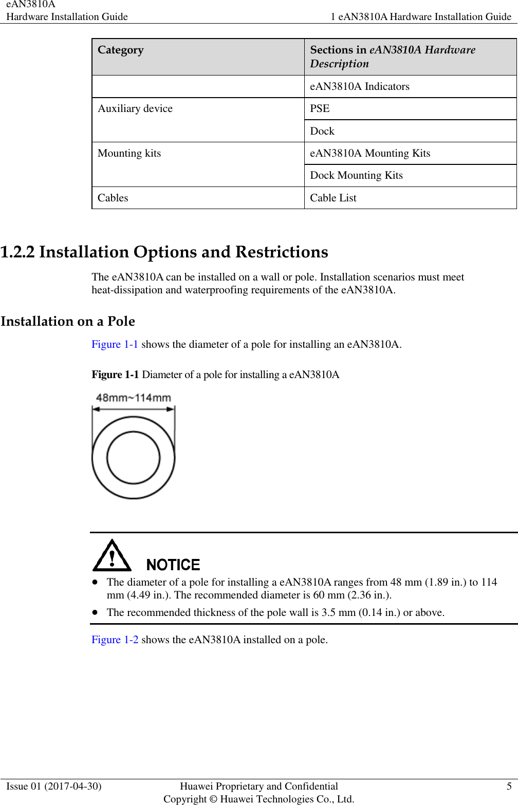 eAN3810A   Hardware Installation Guide 1 eAN3810A Hardware Installation Guide  Issue 01 (2017-04-30) Huawei Proprietary and Confidential                                     Copyright © Huawei Technologies Co., Ltd. 5  Category Sections in eAN3810A Hardware Description eAN3810A Indicators Auxiliary device PSE Dock Mounting kits eAN3810A Mounting Kits Dock Mounting Kits Cables Cable List  1.2.2 Installation Options and Restrictions The eAN3810A can be installed on a wall or pole. Installation scenarios must meet heat-dissipation and waterproofing requirements of the eAN3810A. Installation on a Pole Figure 1-1 shows the diameter of a pole for installing an eAN3810A.   Figure 1-1 Diameter of a pole for installing a eAN3810A     The diameter of a pole for installing a eAN3810A ranges from 48 mm (1.89 in.) to 114 mm (4.49 in.). The recommended diameter is 60 mm (2.36 in.).  The recommended thickness of the pole wall is 3.5 mm (0.14 in.) or above.   Figure 1-2 shows the eAN3810A installed on a pole. 