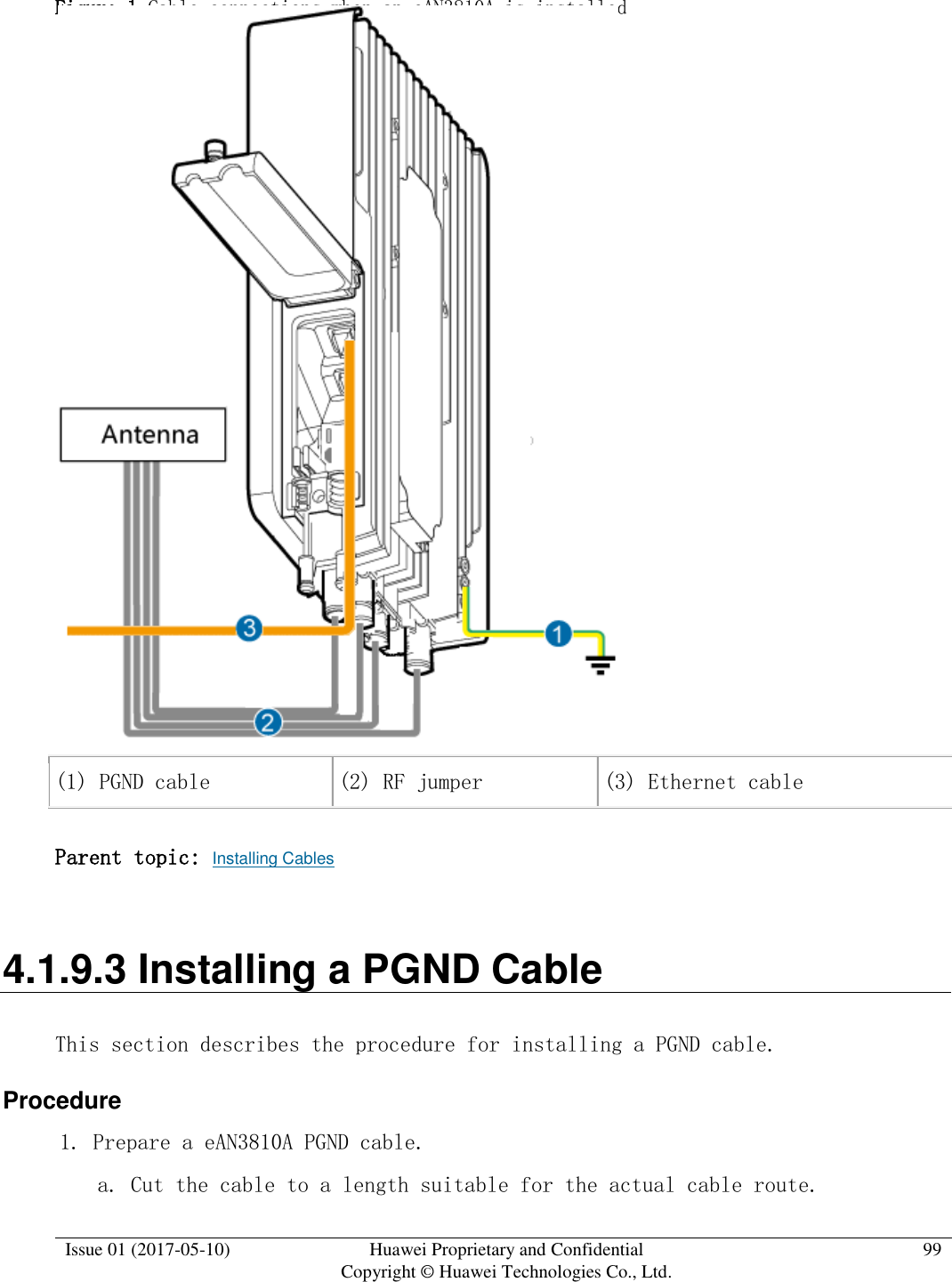  Issue 01 (2017-05-10) Huawei Proprietary and Confidential      Copyright © Huawei Technologies Co., Ltd. 99  Figure 1 Cable connections when an eAN3810A is installed   (1) PGND cable (2) RF jumper (3) Ethernet cable Parent topic: Installing Cables 4.1.9.3 Installing a PGND Cable This section describes the procedure for installing a PGND cable. Procedure 1. Prepare a eAN3810A PGND cable.  a. Cut the cable to a length suitable for the actual cable route. 