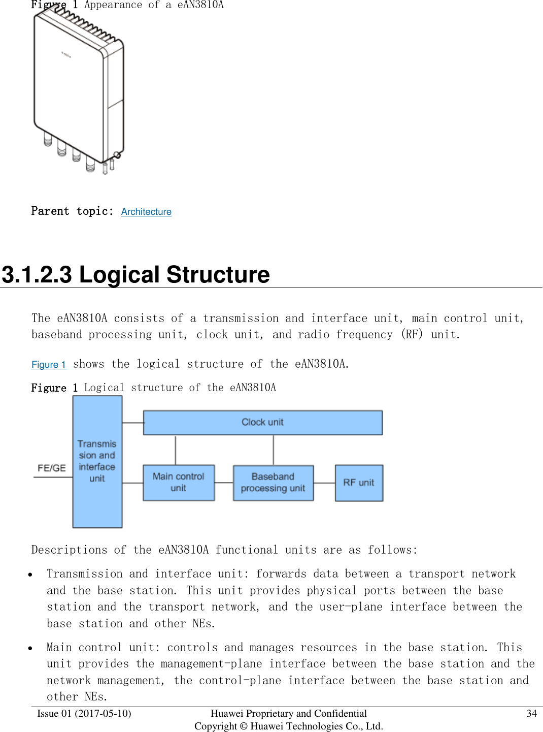  Issue 01 (2017-05-10) Huawei Proprietary and Confidential      Copyright © Huawei Technologies Co., Ltd. 34  Figure 1 Appearance of a eAN3810A   Parent topic: Architecture 3.1.2.3 Logical Structure The eAN3810A consists of a transmission and interface unit, main control unit, baseband processing unit, clock unit, and radio frequency (RF) unit. Figure 1 shows the logical structure of the eAN3810A. Figure 1 Logical structure of the eAN3810A   Descriptions of the eAN3810A functional units are as follows:   Transmission and interface unit: forwards data between a transport network and the base station. This unit provides physical ports between the base station and the transport network, and the user-plane interface between the base station and other NEs.  Main control unit: controls and manages resources in the base station. This unit provides the management-plane interface between the base station and the network management, the control-plane interface between the base station and other NEs. 