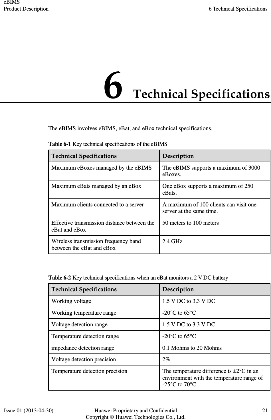 eBIMS Product Description  6 Technical Specifications  Issue 01 (2013-04-30)  Huawei Proprietary and Confidential                                     Copyright © Huawei Technologies Co., Ltd. 21  6 Technical Specifications The eBIMS involves eBIMS, eBat, and eBox technical specifications. Table 6-1 Key technical specifications of the eBIMS Technical Specifications  Description Maximum eBoxes managed by the eBIMS  The eBIMS supports a maximum of 3000 eBoxes. Maximum eBats managed by an eBox  One eBox supports a maximum of 250 eBats. Maximum clients connected to a server  A maximum of 100 clients can visit one server at the same time. Effective transmission distance between the eBat and eBox 50 meters to 100 meters Wireless transmission frequency band between the eBat and eBox 2.4 GHz  Table 6-2 Key technical specifications when an eBat monitors a 2 V DC battery Technical Specifications  Description Working voltage  1.5 V DC to 3.3 V DC Working temperature range  -20°C to 65°C Voltage detection range  1.5 V DC to 3.3 V DC Temperature detection range  -20°C to 65°C impedance detection range  0.1 Mohms to 20 Mohms Voltage detection precision  2% Temperature detection precision  The temperature difference is ±2°C in an environment with the temperature range of -25°C to 70°C. 
