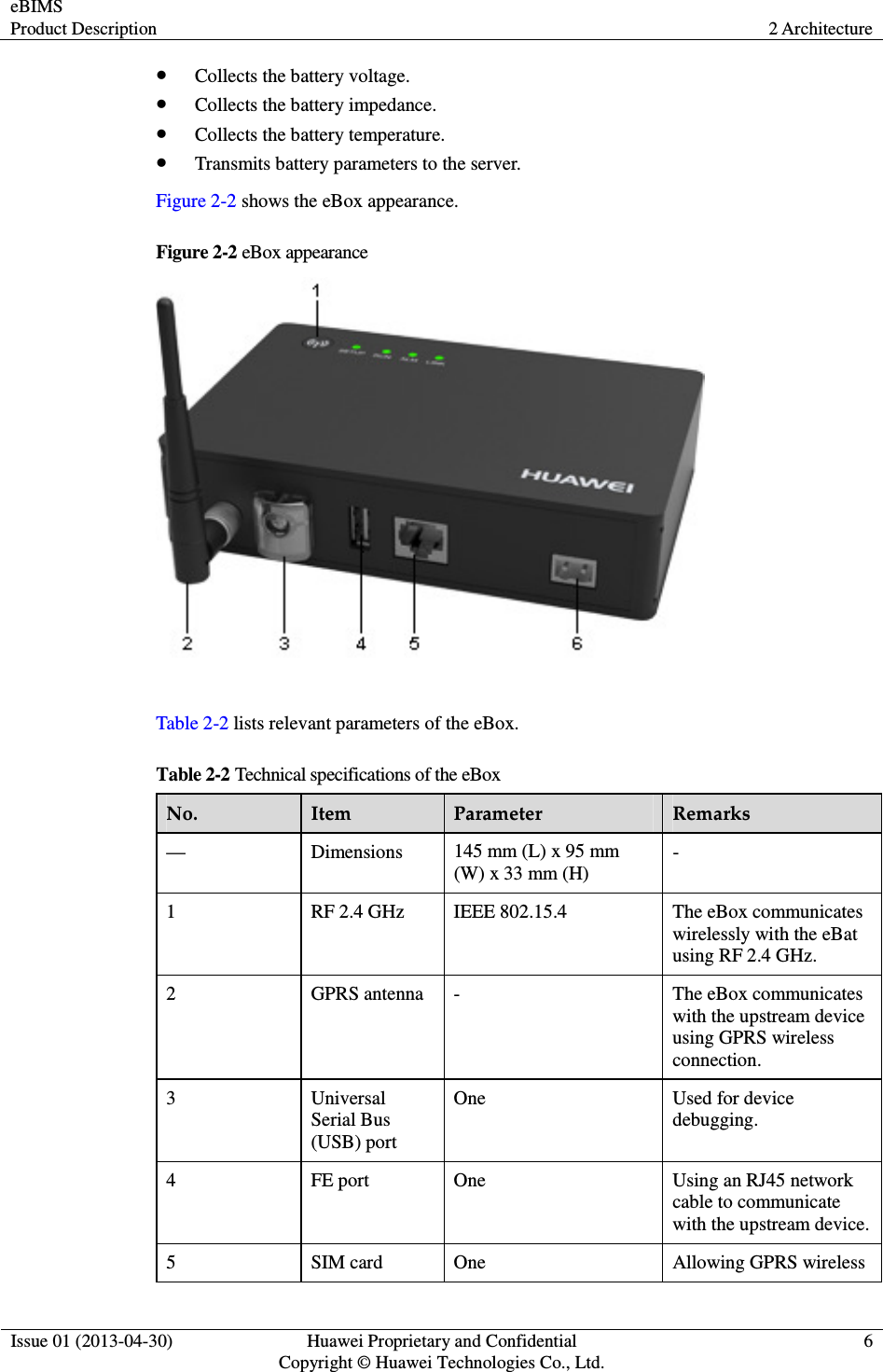 eBIMS Product Description  2 Architecture  Issue 01 (2013-04-30)  Huawei Proprietary and Confidential                                     Copyright © Huawei Technologies Co., Ltd. 6   Collects the battery voltage.  Collects the battery impedance.  Collects the battery temperature.  Transmits battery parameters to the server. Figure 2-2 shows the eBox appearance. Figure 2-2 eBox appearance   Table 2-2 lists relevant parameters of the eBox. Table 2-2 Technical specifications of the eBox No.  Item  Parameter  Remarks —  Dimensions  145 mm (L) x 95 mm (W) x 33 mm (H) - 1  RF 2.4 GHz  IEEE 802.15.4  The eBox communicates wirelessly with the eBat using RF 2.4 GHz. 2  GPRS antenna  -  The eBox communicates with the upstream device using GPRS wireless connection. 3  Universal Serial Bus (USB) port One  Used for device debugging. 4  FE port  One  Using an RJ45 network cable to communicate with the upstream device. 5  SIM card  One  Allowing GPRS wireless 