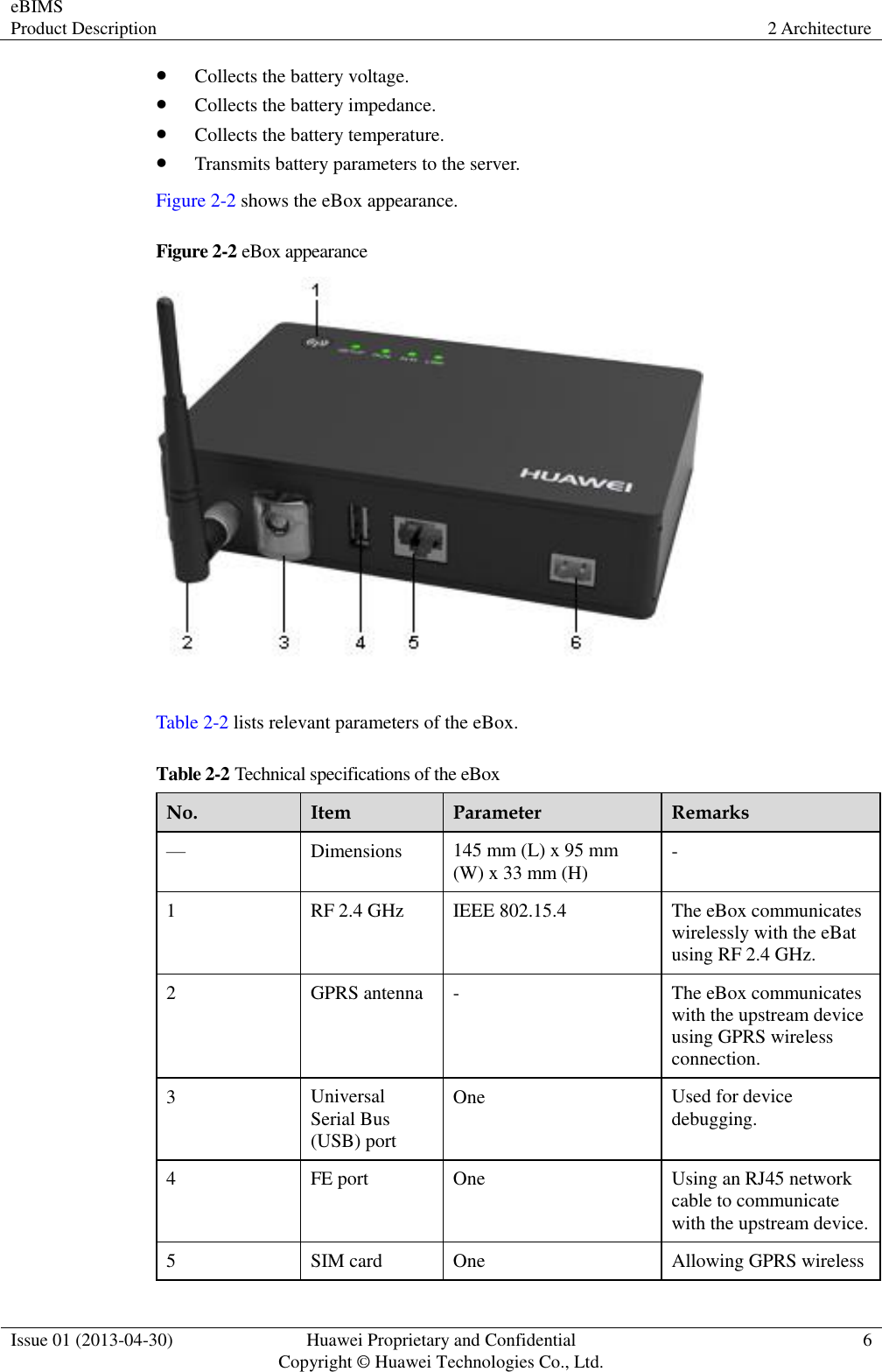 eBIMS Product Description 2 Architecture  Issue 01 (2013-04-30) Huawei Proprietary and Confidential                                     Copyright © Huawei Technologies Co., Ltd. 6   Collects the battery voltage.  Collects the battery impedance.  Collects the battery temperature.  Transmits battery parameters to the server. Figure 2-2 shows the eBox appearance. Figure 2-2 eBox appearance   Table 2-2 lists relevant parameters of the eBox. Table 2-2 Technical specifications of the eBox No. Item Parameter Remarks — Dimensions 145 mm (L) x 95 mm (W) x 33 mm (H) - 1 RF 2.4 GHz IEEE 802.15.4 The eBox communicates wirelessly with the eBat using RF 2.4 GHz. 2 GPRS antenna - The eBox communicates with the upstream device using GPRS wireless connection. 3 Universal Serial Bus (USB) port One Used for device debugging. 4 FE port One Using an RJ45 network cable to communicate with the upstream device. 5 SIM card One Allowing GPRS wireless 