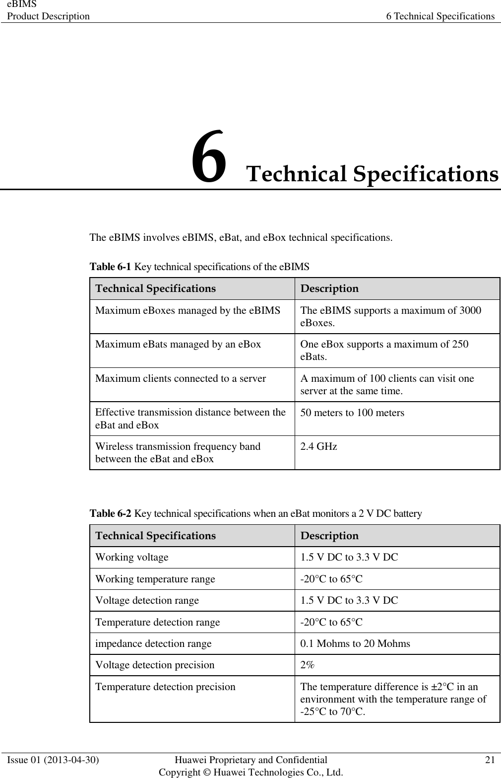 eBIMS Product Description 6 Technical Specifications  Issue 01 (2013-04-30) Huawei Proprietary and Confidential                                     Copyright © Huawei Technologies Co., Ltd. 21  6 Technical Specifications The eBIMS involves eBIMS, eBat, and eBox technical specifications. Table 6-1 Key technical specifications of the eBIMS Technical Specifications Description Maximum eBoxes managed by the eBIMS The eBIMS supports a maximum of 3000 eBoxes. Maximum eBats managed by an eBox One eBox supports a maximum of 250 eBats. Maximum clients connected to a server A maximum of 100 clients can visit one server at the same time. Effective transmission distance between the eBat and eBox 50 meters to 100 meters Wireless transmission frequency band between the eBat and eBox 2.4 GHz  Table 6-2 Key technical specifications when an eBat monitors a 2 V DC battery Technical Specifications Description Working voltage 1.5 V DC to 3.3 V DC Working temperature range -20°C to 65°C Voltage detection range 1.5 V DC to 3.3 V DC Temperature detection range -20°C to 65°C impedance detection range 0.1 Mohms to 20 Mohms Voltage detection precision 2% Temperature detection precision The temperature difference is ±2°C in an environment with the temperature range of -25°C to 70°C. 