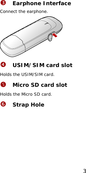 p Earphone Interface Connect the earphone.  q USIM/SIM card slot Holds the USIM/SIM card. r Micro SD card slot Holds the Micro SD card. s Strap Hole 3 