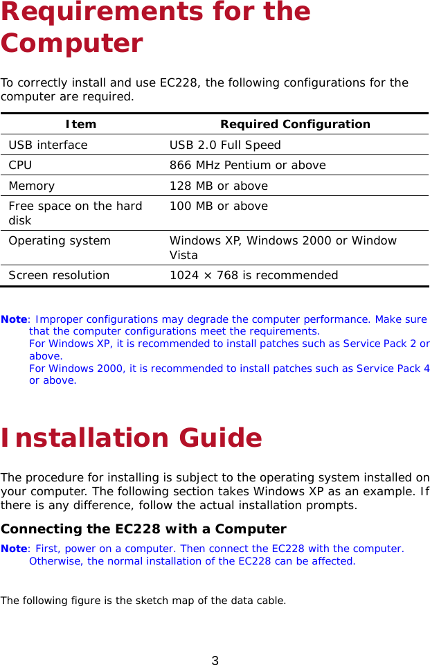  3 Requirements for the Computer To correctly install and use EC228, the following configurations for the computer are required. Item Required Configuration USB interface  USB 2.0 Full Speed CPU  866 MHz Pentium or above Memory  128 MB or above Free space on the hard disk  100 MB or above Operating system  Windows XP, Windows 2000 or Window Vista Screen resolution  1024 × 768 is recommended  Note: Improper configurations may degrade the computer performance. Make sure that the computer configurations meet the requirements. For Windows XP, it is recommended to install patches such as Service Pack 2 or above. For Windows 2000, it is recommended to install patches such as Service Pack 4 or above. Installation Guide The procedure for installing is subject to the operating system installed on your computer. The following section takes Windows XP as an example. If there is any difference, follow the actual installation prompts. Connecting the EC228 with a Computer Note: First, power on a computer. Then connect the EC228 with the computer. Otherwise, the normal installation of the EC228 can be affected.  The following figure is the sketch map of the data cable. 