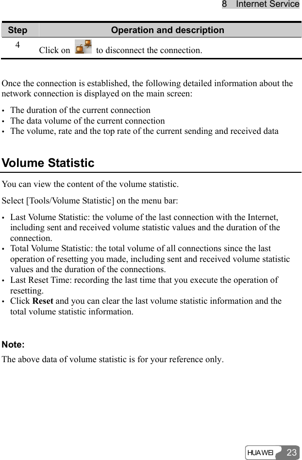 88    IInntteerrnneett  SSeerrvviiccee  HUA WEI 23Step  Operation and description 4  Click on    to disconnect the connection.  Once the connection is established, the following detailed information about the network connection is displayed on the main screen: y The duration of the current connection y The data volume of the current connection y The volume, rate and the top rate of the current sending and received data Volume Statistic You can view the content of the volume statistic. Select [Tools/Volume Statistic] on the menu bar: y Last Volume Statistic: the volume of the last connection with the Internet, including sent and received volume statistic values and the duration of the connection. y Total Volume Statistic: the total volume of all connections since the last operation of resetting you made, including sent and received volume statistic values and the duration of the connections. y Last Reset Time: recording the last time that you execute the operation of resetting. y Click Reset and you can clear the last volume statistic information and the total volume statistic information.  Note: The above data of volume statistic is for your reference only.  