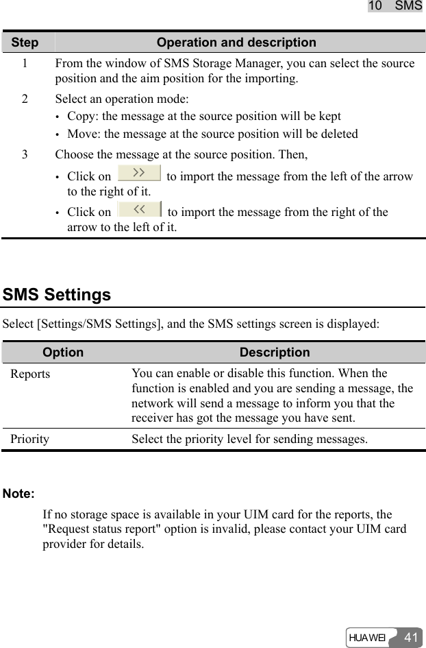 1100    SSMMSS    HUA WEI 41Step  Operation and description 1  From the window of SMS Storage Manager, you can select the source position and the aim position for the importing. 2  Select an operation mode: y Copy: the message at the source position will be kept y Move: the message at the source position will be deleted 3  Choose the message at the source position. Then, y Click on    to import the message from the left of the arrow to the right of it. y Click on    to import the message from the right of the arrow to the left of it.  SMS Settings Select [Settings/SMS Settings], and the SMS settings screen is displayed: Option  Description Reports  You can enable or disable this function. When the function is enabled and you are sending a message, the network will send a message to inform you that the receiver has got the message you have sent. Priority  Select the priority level for sending messages.  Note: If no storage space is available in your UIM card for the reports, the &quot;Request status report&quot; option is invalid, please contact your UIM card provider for details.  