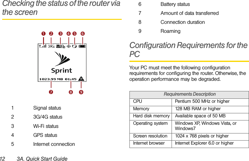 12 3A. Quick Start GuideChecking the status of the router via the screenConfiguration Requirements for the PCYour PC must meet the following configuration requirements for configuring the router. Otherwise, the operation performance may be degraded.1Signal status23G/4G status3Wi-Fi status4GPS status5Internet connection6Battery status7Amount of data transferred8Connection duration9RoamingRequirements DescriptionCPU Pentium 500 MHz or higherMemory 128 MB RAM or higherHard disk memory Available space of 50 MB Operating system Windows XP, Windows Vista, or Windows7Screen resolution 1024 x 768 pixels or higherInternet browser Internet Explorer 6.0 or higher