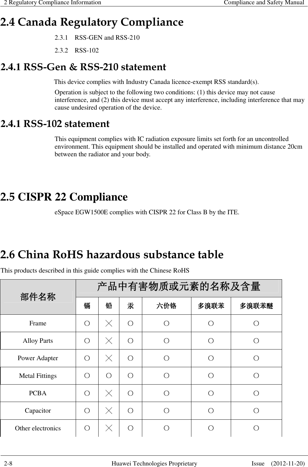 2 Regulatory Compliance Information   Compliance and Safety Manual  2-8  Huawei Technologies Proprietary  Issue    (2012-11-20)  2.4 Canada Regulatory Compliance 2.3.1    RSS-GEN and RSS-210 2.3.2    RSS-102 2.4.1 RSS-Gen &amp; RSS-210 statement This device complies with Industry Canada licence-exempt RSS standard(s).   Operation is subject to the following two conditions: (1) this device may not cause interference, and (2) this device must accept any interference, including interference that may cause undesired operation of the device.   2.4.1 RSS-102 statement This equipment complies with IC radiation exposure limits set forth for an uncontrolled environment. This equipment should be installed and operated with minimum distance 20cm between the radiator and your body.  2.5 CISPR 22 Compliance eSpace EGW1500E complies with CISPR 22 for Class B by the ITE.  2.6 China RoHS hazardous substance table This products described in this guide complies with the Chinese RoHS 产产产产品品品品中中中中有有有有害害害害物物物物质质质质或或或或元元元元素素素素的的的的名名名名称称称称及及及及含含含含量量量量 部部部部件件件件名名名名称称称称 镉镉镉镉 铅铅铅铅 汞汞汞汞 六六六六价价价价铬铬铬铬 多多多多溴溴溴溴联联联联苯苯苯苯 多多多多溴溴溴溴联联联联苯苯苯苯醚醚醚醚 Frame  〇 ╳ 〇 〇 〇 〇 Alloy Parts  〇 ╳ 〇 〇 〇 〇 Power Adapter  〇 ╳ 〇 〇 〇 〇 Metal Fittings  〇 〇 〇 〇 〇 〇 PCBA  〇 ╳ 〇 〇 〇 〇 Capacitor  〇 ╳ 〇 〇 〇 〇 Other electronics  〇 ╳ 〇 〇 〇 〇 