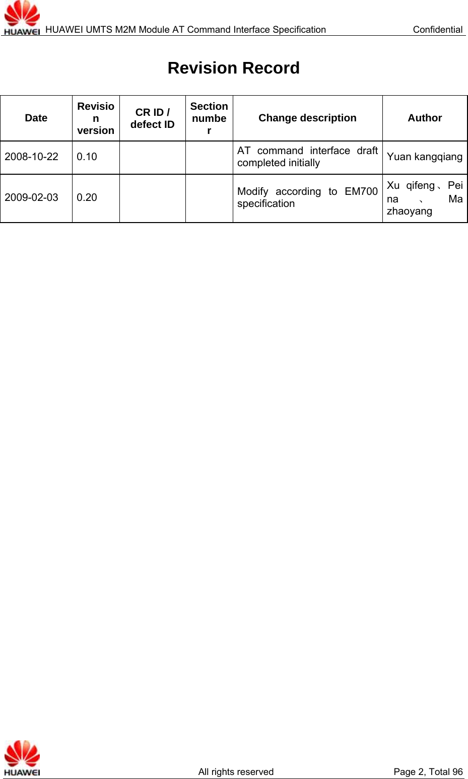  HUAWEI UMTS M2M Module AT Command Interface Specification  Confidential   All rights reserved  Page 2, Total 96 Revision Record Date  Revision versionCR ID / defect ID Section number  Change description  Author 2008-10-22 0.10      AT command interface draft completed initially    Yuan kangqiang2009-02-03 0.20      Modify according to EM700 specification Xu qifeng、Pei na 、Ma zhaoyang 