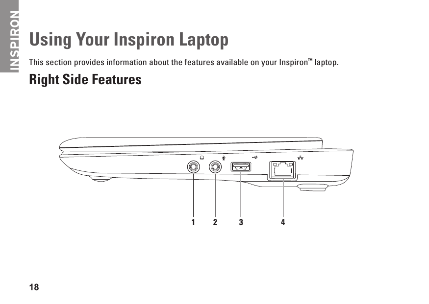 18Using Your Inspiron LaptopThis section provides information about the features available on your Inspiron™ laptop.Right Side Features31 2 4INSPIRON