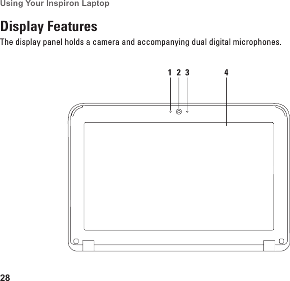 28Using Your Inspiron Laptop Display FeaturesThe display panel holds a camera and accompanying dual digital microphones.1 2 3 4
