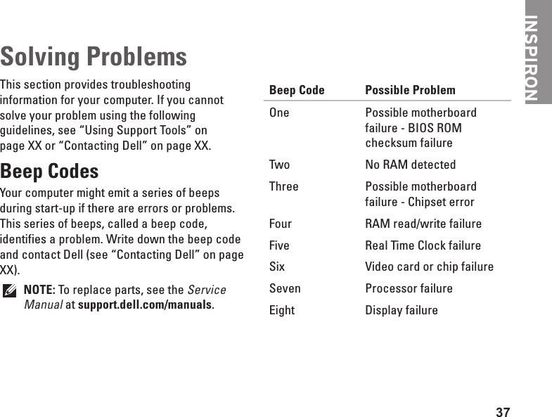 37Solving ProblemsThis section provides troubleshooting information for your computer. If you cannot solve your problem using the following guidelines, see “Using Support Tools” on page XX or “Contacting Dell” on page XX.Beep CodesYour computer might emit a series of beeps during start-up if there are errors or problems. This series of beeps, called a beep code, identifies a problem. Write down the beep code and contact Dell (see “Contacting Dell” on page XX).NOTE: To replace parts, see the Service Manual at support.dell.com/manuals.Beep Code Possible ProblemOne  Possible motherboard failure - BIOS ROM checksum failureTwo No RAM detectedThree Possible motherboard failure - Chipset errorFour RAM read/write failureFive Real Time Clock failureSix Video card or chip failureSeven Processor failureEight Display failureINSPIRON