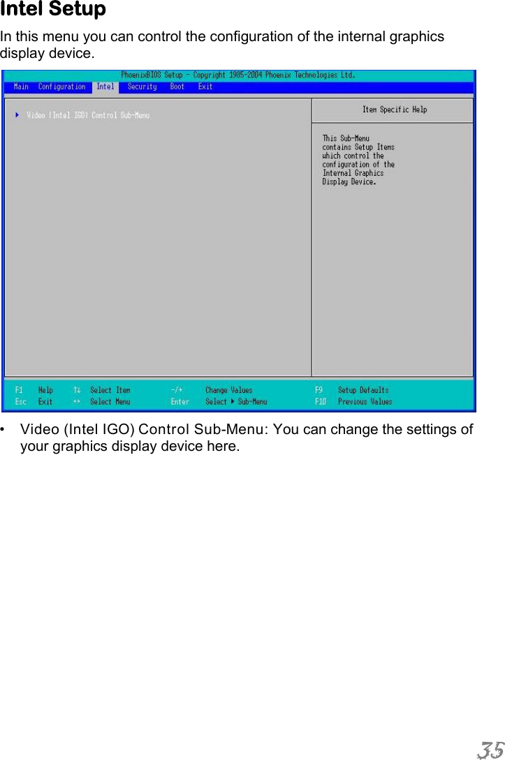  35 Intel Setup In this menu you can control the configuration of the internal graphics display device.  •  Video (Intel IGO) Control Sub-Menu: You can change the settings of your graphics display device here. 