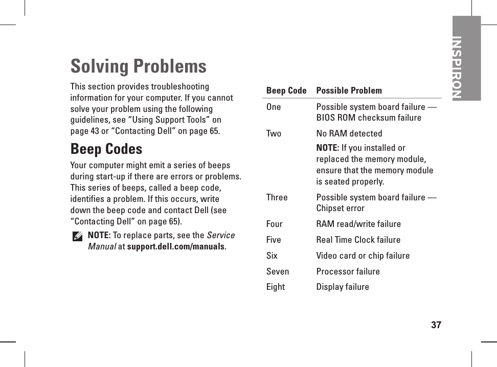 37  Solving  ProblemsThis section provides troubleshooting information for your computer. If you cannot solve your problem using the following guidelines, see “Using Support Tools” on page 43 or “Contacting Dell” on page 65.Beep CodesYour computer might emit a series of beeps during start-up if there are errors or problems. This series of beeps, called a beep code, identifies a problem. If this occurs, write down the beep code and contact Dell (see “Contacting Dell” on page 65).NOTE: To replace parts, see the Service Manual at support.dell.com/manuals.Beep Code Possible ProblemOne  Possible system board failure — BIOS ROM checksum failureTwo No RAM detectedNOTE: If you installed or replaced the memory module, ensure that the memory module is seated properly.Three Possible system board failure — Chipset errorFour RAM read/write failureFive Real Time Clock failureSix Video card or chip failureSeven Processor failureEight Display failureINSPIRON