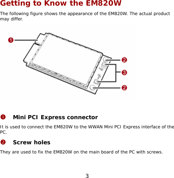 Getting to Know the EM820W The following figure shows the appearance of the EM820W. The actual product may differ.   n Mini PCI Express connector It is used to connect the EM820W to the WWAN Mini PCI Express interface of the PC. o Screw holes They are used to fix the EM820W on the main board of the PC with screws. 3 
