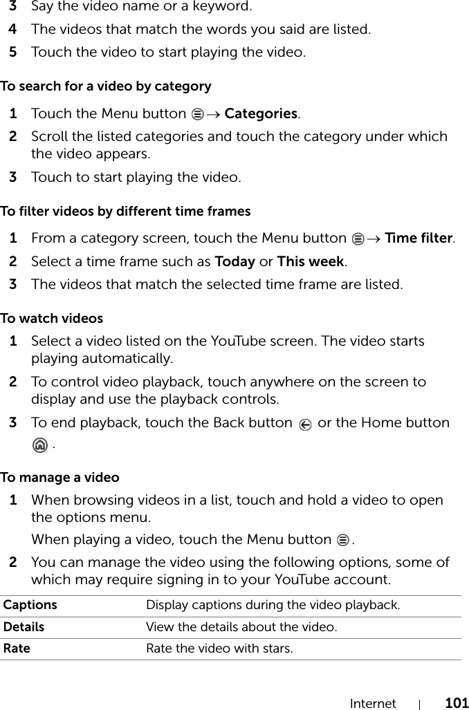 Internet 1013Say the video name or a keyword.4The videos that match the words you said are listed.5Touch the video to start playing the video.To search for a video by category1Touch the Menu button  → Categories.2Scroll the listed categories and touch the category under which the video appears.3Touch to start playing the video.To filter videos by different time frames1From a category screen, touch the Menu button  → Time filter.2Select a time frame such as Today or This week.3The videos that match the selected time frame are listed.To watch videos1Select a video listed on the YouTube screen. The video starts playing automatically.2To control video playback, touch anywhere on the screen to display and use the playback controls.3To end playback, touch the Back button   or the Home button .To manage a video1When browsing videos in a list, touch and hold a video to open the options menu. When playing a video, touch the Menu button  .2You can manage the video using the following options, some of which may require signing in to your YouTube account.Captions Display captions during the video playback.Details View the details about the video.Rate Rate the video with stars.