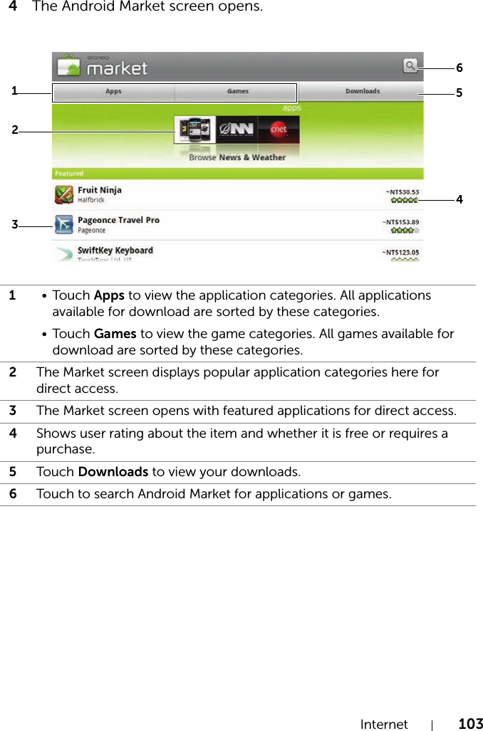 Internet 1034The Android Market screen opens.1•Touch Apps to view the application categories. All applications available for download are sorted by these categories.•Touch Games to view the game categories. All games available for download are sorted by these categories.2The Market screen displays popular application categories here for direct access.3The Market screen opens with featured applications for direct access.4Shows user rating about the item and whether it is free or requires a purchase.5Touch Downloads to view your downloads.6Touch to search Android Market for applications or games.615423