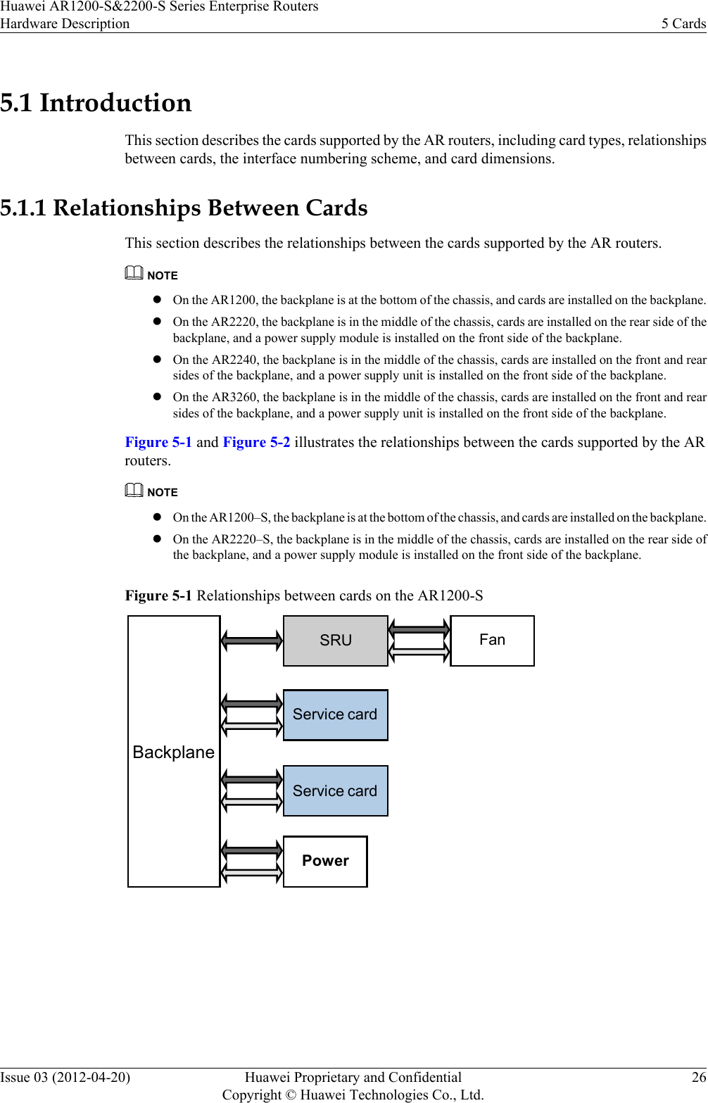5.1 IntroductionThis section describes the cards supported by the AR routers, including card types, relationshipsbetween cards, the interface numbering scheme, and card dimensions.5.1.1 Relationships Between CardsThis section describes the relationships between the cards supported by the AR routers.NOTElOn the AR1200, the backplane is at the bottom of the chassis, and cards are installed on the backplane.lOn the AR2220, the backplane is in the middle of the chassis, cards are installed on the rear side of thebackplane, and a power supply module is installed on the front side of the backplane.lOn the AR2240, the backplane is in the middle of the chassis, cards are installed on the front and rearsides of the backplane, and a power supply unit is installed on the front side of the backplane.lOn the AR3260, the backplane is in the middle of the chassis, cards are installed on the front and rearsides of the backplane, and a power supply unit is installed on the front side of the backplane.Figure 5-1 and Figure 5-2 illustrates the relationships between the cards supported by the ARrouters.NOTElOn the AR1200–S, the backplane is at the bottom of the chassis, and cards are installed on the backplane.lOn the AR2220–S, the backplane is in the middle of the chassis, cards are installed on the rear side ofthe backplane, and a power supply module is installed on the front side of the backplane.Figure 5-1 Relationships between cards on the AR1200-SService cardPowerBackplaneSRU FanService card Huawei AR1200-S&amp;2200-S Series Enterprise RoutersHardware Description 5 CardsIssue 03 (2012-04-20) Huawei Proprietary and ConfidentialCopyright © Huawei Technologies Co., Ltd.26