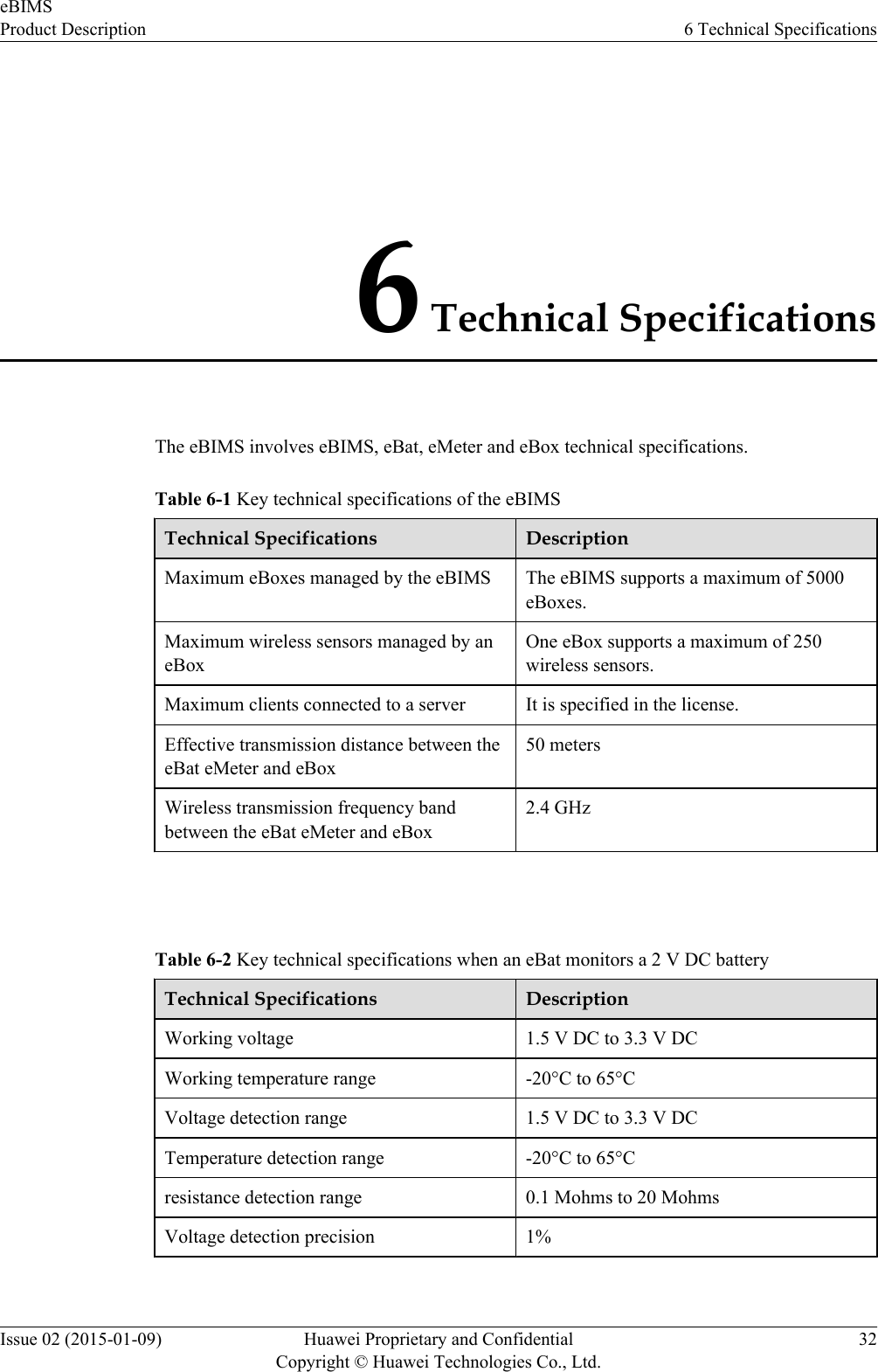 6 Technical SpecificationsThe eBIMS involves eBIMS, eBat, eMeter and eBox technical specifications.Table 6-1 Key technical specifications of the eBIMSTechnical Specifications DescriptionMaximum eBoxes managed by the eBIMS The eBIMS supports a maximum of 5000eBoxes.Maximum wireless sensors managed by aneBoxOne eBox supports a maximum of 250wireless sensors.Maximum clients connected to a server It is specified in the license.Effective transmission distance between theeBat eMeter and eBox50 metersWireless transmission frequency bandbetween the eBat eMeter and eBox2.4 GHz Table 6-2 Key technical specifications when an eBat monitors a 2 V DC batteryTechnical Specifications DescriptionWorking voltage 1.5 V DC to 3.3 V DCWorking temperature range -20°C to 65°CVoltage detection range 1.5 V DC to 3.3 V DCTemperature detection range -20°C to 65°Cresistance detection range 0.1 Mohms to 20 MohmsVoltage detection precision 1%eBIMSProduct Description 6 Technical SpecificationsIssue 02 (2015-01-09) Huawei Proprietary and ConfidentialCopyright © Huawei Technologies Co., Ltd.32