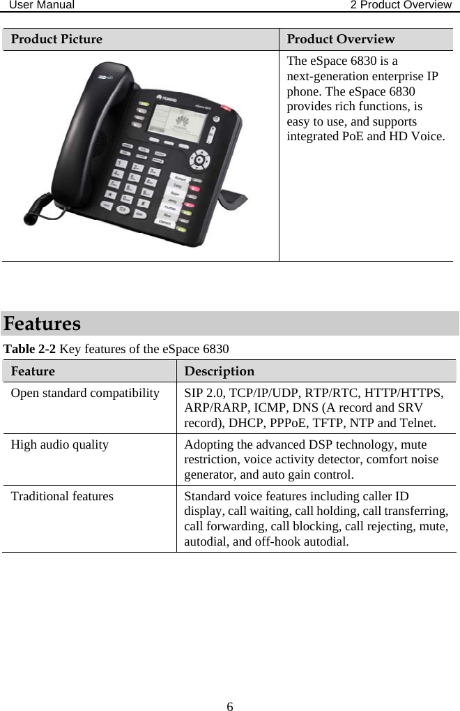 User Manual  2 Product Overview  6 Product Picture  Product Overview The eSpace 6830 is a next-generation enterprise IP phone. The eSpace 6830 provides rich functions, is easy to use, and supports integrated PoE and HD Voice.  Features Table 2-2 Key features of the eSpace 6830 Feature  Description Open standard compatibility  SIP 2.0, TCP/IP/UDP, RTP/RTC, HTTP/HTTPS, ARP/RARP, ICMP, DNS (A record and SRV record), DHCP, PPPoE, TFTP, NTP and Telnet. High audio quality  Adopting the advanced DSP technology, mute restriction, voice activity detector, comfort noise generator, and auto gain control. Traditional features  Standard voice features including caller ID display, call waiting, call holding, call transferring, call forwarding, call blocking, call rejecting, mute, autodial, and off-hook autodial. 