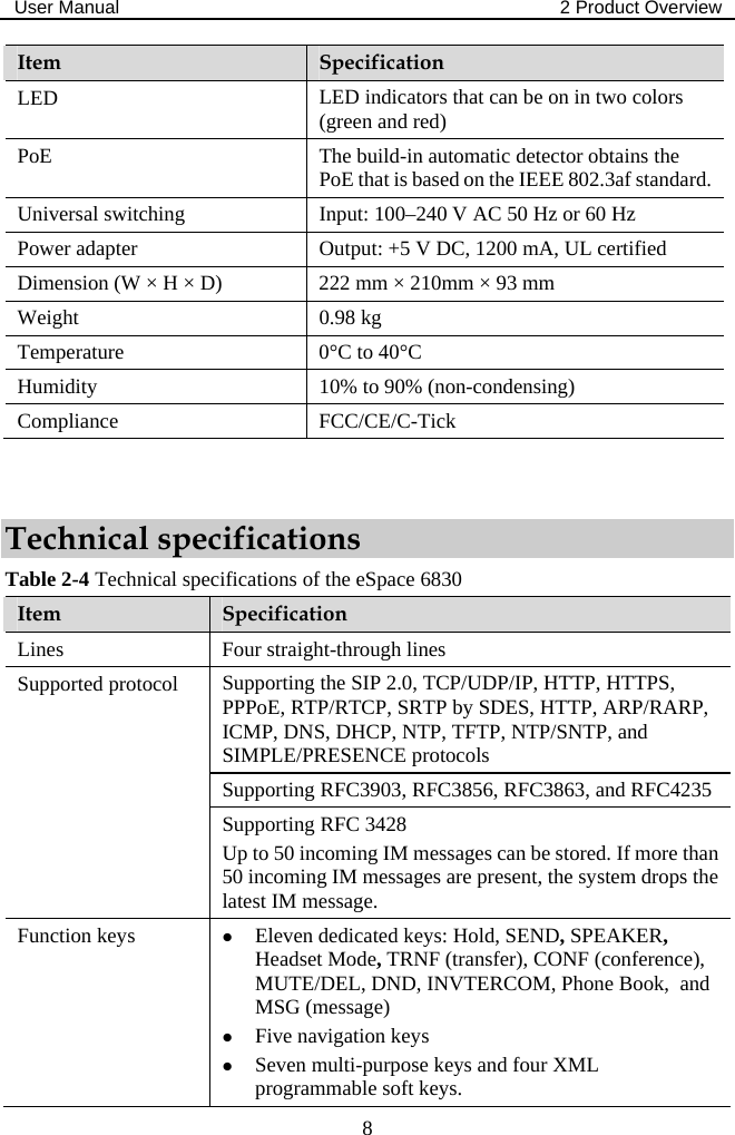 User Manual  2 Product Overview  8 Item  Specification LED  LED indicators that can be on in two colors (green and red) PoE  The build-in automatic detector obtains the PoE that is based on the IEEE 802.3af standard. Universal switching  Input: 100–240 V AC 50 Hz or 60 Hz Power adapter  Output: +5 V DC, 1200 mA, UL certified Dimension (W × H × D)  222 mm × 210mm × 93 mm Weight 0.98 kg Temperature  0°C to 40°C Humidity  10% to 90% (non-condensing) Compliance FCC/CE/C-Tick  Technical specifications Table 2-4 Technical specifications of the eSpace 6830 Item  Specification Lines  Four straight-through lines Supporting the SIP 2.0, TCP/UDP/IP, HTTP, HTTPS, PPPoE, RTP/RTCP, SRTP by SDES, HTTP, ARP/RARP, ICMP, DNS, DHCP, NTP, TFTP, NTP/SNTP, and SIMPLE/PRESENCE protocols Supporting RFC3903, RFC3856, RFC3863, and RFC4235 Supported protocol Supporting RFC 3428 Up to 50 incoming IM messages can be stored. If more than 50 incoming IM messages are present, the system drops the latest IM message. Function keys  z Eleven dedicated keys: Hold, SEND, SPEAKER, Headset Mode, TRNF (transfer), CONF (conference), MUTE/DEL, DND, INVTERCOM, Phone Book,  and MSG (message) z Five navigation keys z Seven multi-purpose keys and four XML programmable soft keys. 