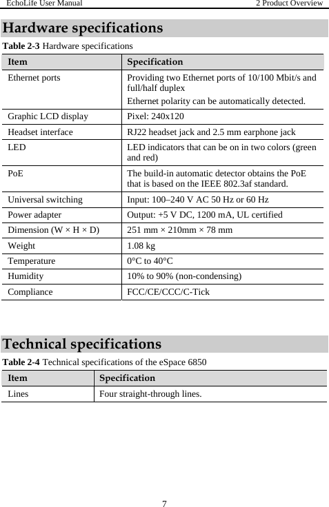 EchoLife User Manual  2 Product Overview  7 Hardware specifications Table 2-3 Hardware specifications Item  Specification Ethernet ports  Providing two Ethernet ports of 10/100 Mbit/s and full/half duplex Ethernet polarity can be automatically detected. Graphic LCD display  Pixel: 240x120 Headset interface  RJ22 headset jack and 2.5 mm earphone jack LED  LED indicators that can be on in two colors (green and red) PoE  The build-in automatic detector obtains the PoE that is based on the IEEE 802.3af standard. Universal switching  Input: 100–240 V AC 50 Hz or 60 Hz Power adapter  Output: +5 V DC, 1200 mA, UL certified Dimension (W × H × D)  251 mm × 210mm × 78 mm Weight 1.08 kg Temperature 0°C to 40°C Humidity  10% to 90% (non-condensing) Compliance FCC/CE/CCC/C-Tick  Technical specifications Table 2-4 Technical specifications of the eSpace 6850 Item  Specification Lines Four straight-through lines. 