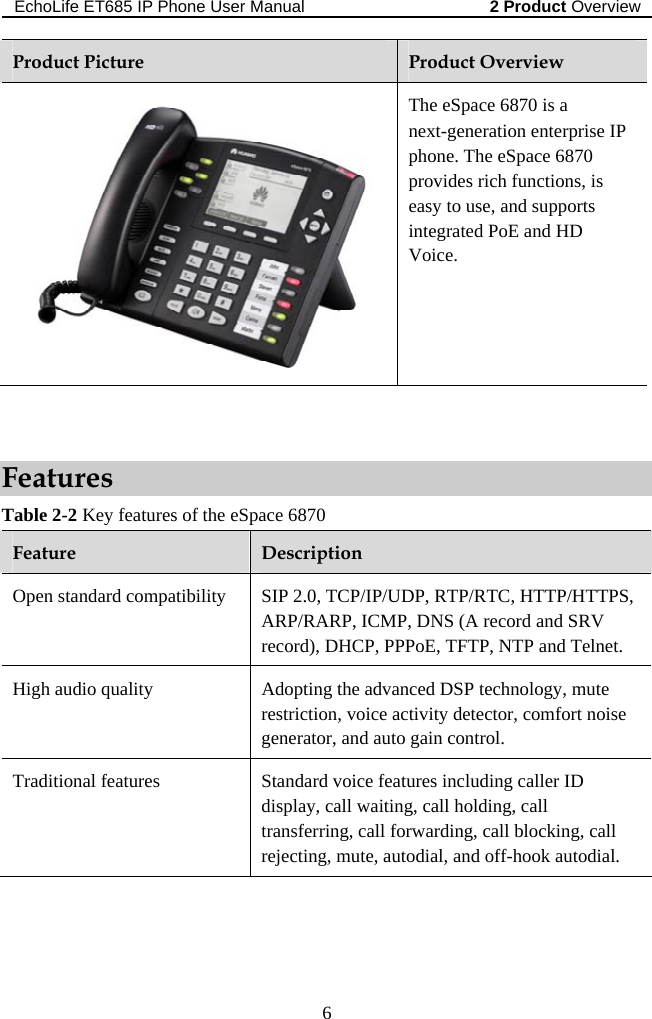 EchoLife ET685 IP Phone User Manual   Overview2 Product 6 Product Picture  Product Overview The eSpace 6870 is a next-generation enterprise IP phone. The eSpace 6870 provides rich functions, is easy to use, and supports integrated PoE and HD Voice.  Features Table 2-2 Key features of the eSpace 6870 Feature  Description Open standard compatibility  SIP 2.0, TCP/IP/UDP, RTP/RTC, HTTP/HTTPS, ARP/RARP, ICMP, DNS (A record and SRV record), DHCP, PPPoE, TFTP, NTP and Telnet. High audio quality  Adopting the advanced DSP technology, mute restriction, voice activity detector, comfort noise generator, and auto gain control. Traditional features  Standard voice features including caller ID display, call waiting, call holding, call transferring, call forwarding, call blocking, call rejecting, mute, autodial, and off-hook autodial. 
