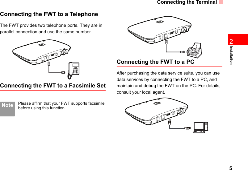 Connecting the Terminal  52InstallationConnecting the FWT to a TelephoneThe FWT provides two telephone ports. They are in parallel connection and use the same number.Connecting the FWT to a Facsimile Set Note Please affirm that your FWT supports facsimile before using this function. Connecting the FWT to a PCAfter purchasing the data service suite, you can use data services by connecting the FWT to a PC, and maintain and debug the FWT on the PC. For details, consult your local agent. 