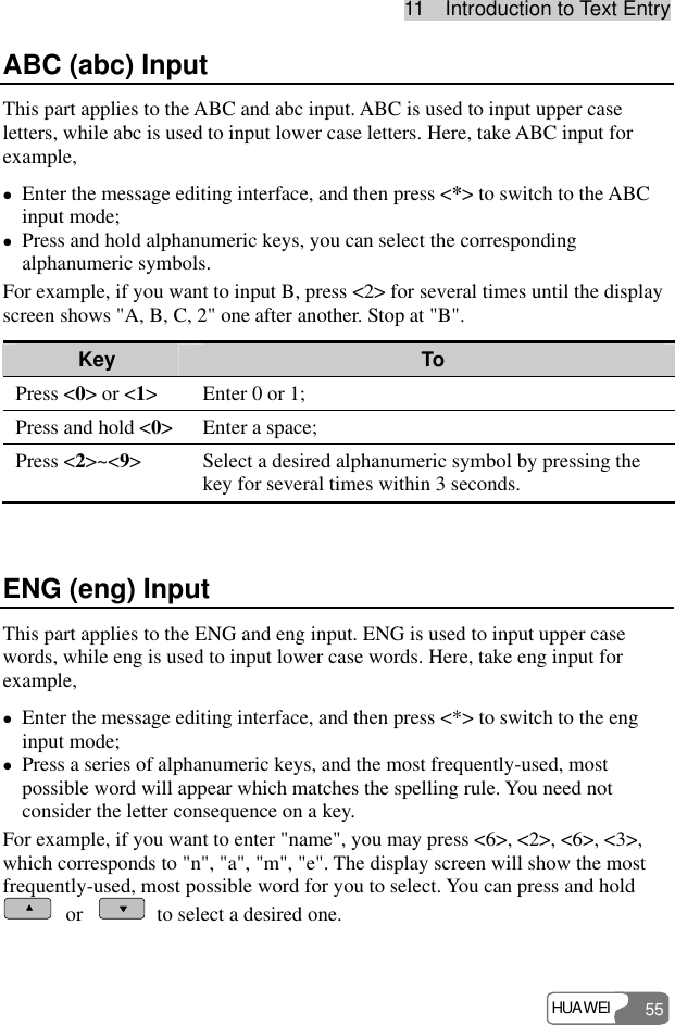 11  Introduction to Text Entry HUAWEI 55 ABC (abc) Input This part applies to the ABC and abc input. ABC is used to input upper case letters, while abc is used to input lower case letters. Here, take ABC input for example, z Enter the message editing interface, and then press &lt;*&gt; to switch to the ABC input mode; z Press and hold alphanumeric keys, you can select the corresponding alphanumeric symbols. For example, if you want to input B, press &lt;2&gt; for several times until the display screen shows &quot;A, B, C, 2&quot; one after another. Stop at &quot;B&quot;. Key  To Press &lt;0&gt; or &lt;1&gt;  Enter 0 or 1; Press and hold &lt;0&gt;  Enter a space; Press &lt;2&gt;~&lt;9&gt;  Select a desired alphanumeric symbol by pressing the key for several times within 3 seconds.  ENG (eng) Input This part applies to the ENG and eng input. ENG is used to input upper case words, while eng is used to input lower case words. Here, take eng input for example, z Enter the message editing interface, and then press &lt;*&gt; to switch to the eng input mode; z Press a series of alphanumeric keys, and the most frequently-used, most possible word will appear which matches the spelling rule. You need not consider the letter consequence on a key. For example, if you want to enter &quot;name&quot;, you may press &lt;6&gt;, &lt;2&gt;, &lt;6&gt;, &lt;3&gt;, which corresponds to &quot;n&quot;, &quot;a&quot;, &quot;m&quot;, &quot;e&quot;. The display screen will show the most frequently-used, most possible word for you to select. You can press and hold  or    to select a desired one. 