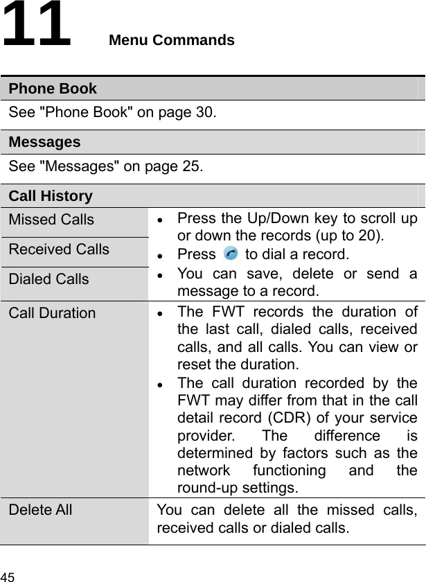  45 11  Menu Commands Phone Book See &quot;Phone Book&quot; on page 30. Messages See &quot;Messages&quot; on page 25. Call History Missed Calls Received Calls Dialed Calls z Press the Up/Down key to scroll up or down the records (up to 20). z Press    to dial a record. z You can save, delete or send a message to a record. Call Duration  z The FWT records the duration of the last call, dialed calls, received calls, and all calls. You can view or reset the duration. z The call duration recorded by the FWT may differ from that in the call detail record (CDR) of your service provider. The difference is determined by factors such as the network functioning and the round-up settings. Delete All  You can delete all the missed calls, received calls or dialed calls. 