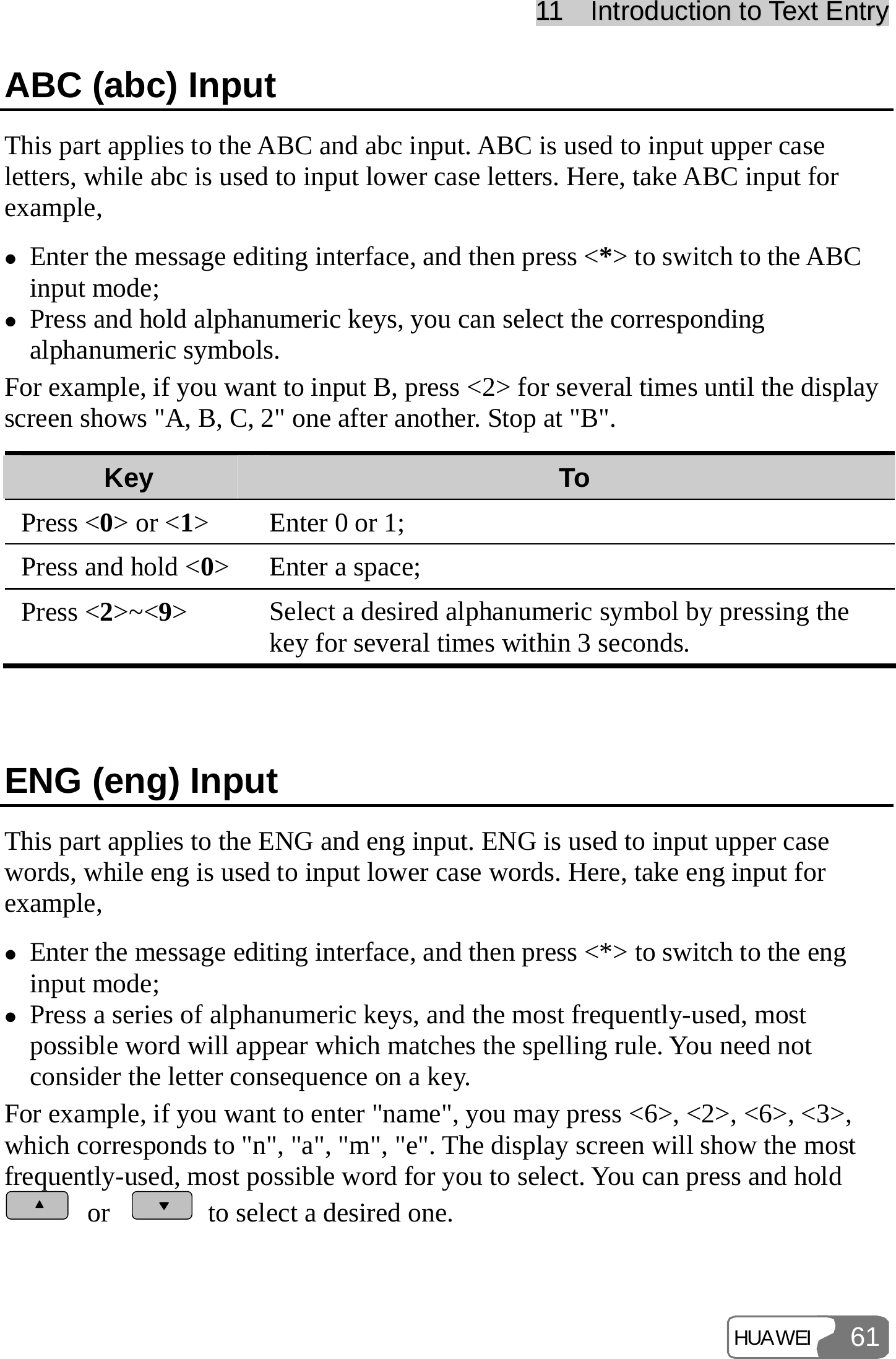 1111    IInnttrroodduuccttiioonn  ttoo  TTeexxtt  EEnnttrryy  HUAWEI 61ABC (abc) Input This part applies to the ABC and abc input. ABC is used to input upper case letters, while abc is used to input lower case letters. Here, take ABC input for example, z Enter the message editing interface, and then press &lt;*&gt; to switch to the ABC input mode; z Press and hold alphanumeric keys, you can select the corresponding alphanumeric symbols. For example, if you want to input B, press &lt;2&gt; for several times until the display screen shows &quot;A, B, C, 2&quot; one after another. Stop at &quot;B&quot;. Key  To Press &lt;0&gt; or &lt;1&gt;  Enter 0 or 1; Press and hold &lt;0&gt; Enter a space; Press &lt;2&gt;~&lt;9&gt;  Select a desired alphanumeric symbol by pressing the key for several times within 3 seconds.  ENG (eng) Input This part applies to the ENG and eng input. ENG is used to input upper case words, while eng is used to input lower case words. Here, take eng input for example, z Enter the message editing interface, and then press &lt;*&gt; to switch to the eng input mode; z Press a series of alphanumeric keys, and the most frequently-used, most possible word will appear which matches the spelling rule. You need not consider the letter consequence on a key. For example, if you want to enter &quot;name&quot;, you may press &lt;6&gt;, &lt;2&gt;, &lt;6&gt;, &lt;3&gt;, which corresponds to &quot;n&quot;, &quot;a&quot;, &quot;m&quot;, &quot;e&quot;. The display screen will show the most frequently-used, most possible word for you to select. You can press and hold  or    to select a desired one. 