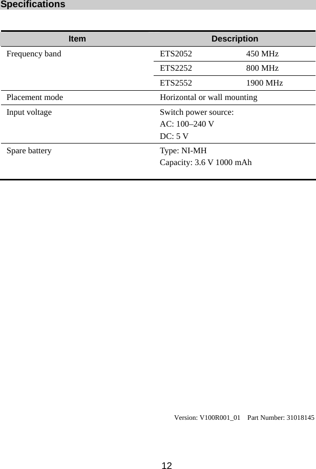  12  Specifications  Item  Description ETS2052 450 MHz ETS2252 800 MHz Frequency band ETS2552 1900 MHz Placement mode  Horizontal or wall mounting Input voltage  Switch power source: AC: 100–240 V DC: 5 V Spare battery  Type: NI-MH Capacity: 3.6 V 1000 mAh     Version: V100R001_01    Part Number: 31018145      