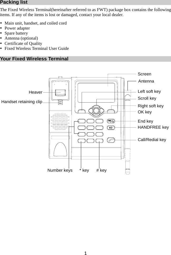 1 Packing list The Fixed Wireless Terminal(hereinafter referred to as FWT) package box contains the following items. If any of the items is lost or damaged, contact your local dealer. y Main unit, handset, and coiled cord y Power adapter y Spare battery y Antenna (optional) y Certificate of Quality y Fixed Wireless Terminal User Guide  Your Fixed Wireless Terminal  Screen* key # keyCall/Redial keyEnd keyOK keyRight soft keyScroll keyLeft soft keyAntennaNumber keysHANDFREE keyHeaverHandset retaining clip  