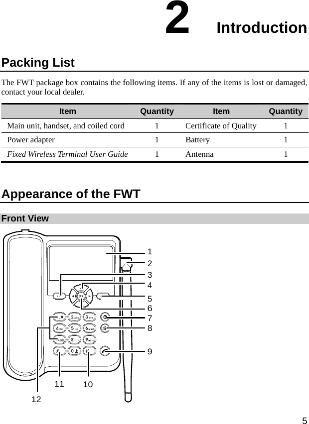  5 2  Introduction Packing List The FWT package box contains the following items. If any of the items is lost or damaged, contact your local dealer. Item  Quantity Item  Quantity Main unit, handset, and coiled cord  1  Certificate of Quality  1 Power adapter  1  Battery  1 Fixed Wireless Terminal User Guide 1 Antenna  1  Appearance of the FWT Front View 12345678911 1012 