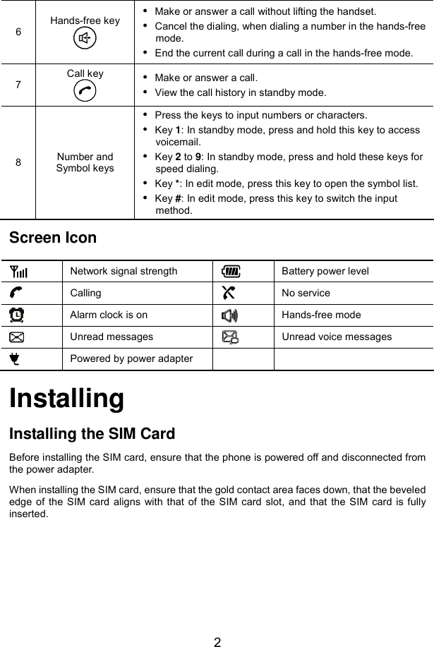  2 Screen Icon Installing Installing the SIM Card Before installing the SIM card, ensure that the phone is powered off and disconnected from the power adapter. When installing the SIM card, ensure that the gold contact area faces down, that the beveled edge of the SIM card  aligns with  that of the  SIM card  slot, and that  the SIM  card is fully inserted. 6 Hands-free key   Make or answer a call without lifting the handset.  Cancel the dialing, when dialing a number in the hands-free mode.  End the current call during a call in the hands-free mode. 7 Call key   Make or answer a call.  View the call history in standby mode. 8  Number and Symbol keys  Press the keys to input numbers or characters.  Key 1: In standby mode, press and hold this key to access voicemail.  Key 2 to 9: In standby mode, press and hold these keys for speed dialing.  Key *: In edit mode, press this key to open the symbol list.  Key #: In edit mode, press this key to switch the input method.  Network signal strength        Battery power level  Calling     No service  Alarm clock is on   Hands-free mode  Unread messages   Unread voice messages  Powered by power adapter    
